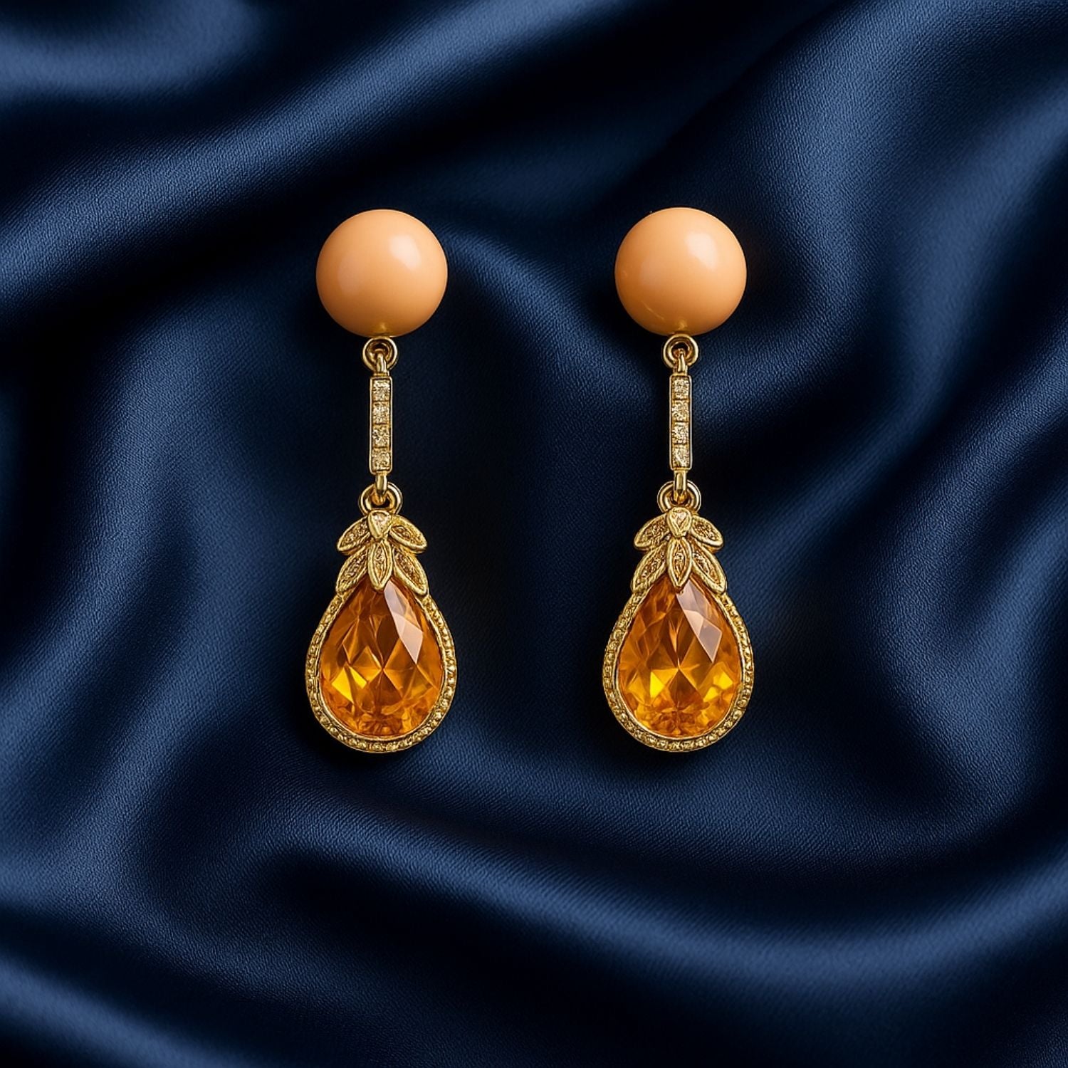 Golden Drop Earrings with Orange Stone – Elegant Festive Earrings for Women & Girls
