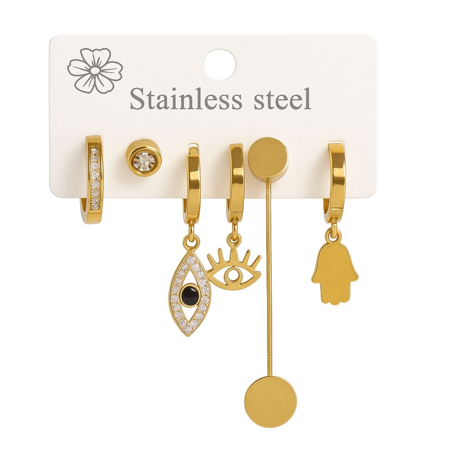 Asymmetric Stainless Steel Gold Earring Set – Evil Eye, Hamsa & Symbol Charms for Women & Girls