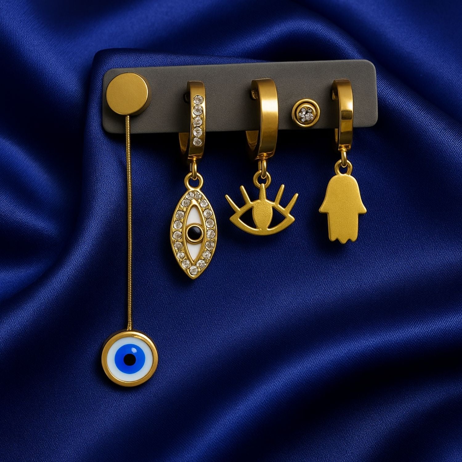 Asymmetric Stainless Steel Gold Earring Set – Evil Eye, Hamsa & Symbol Charms for Women & Girls