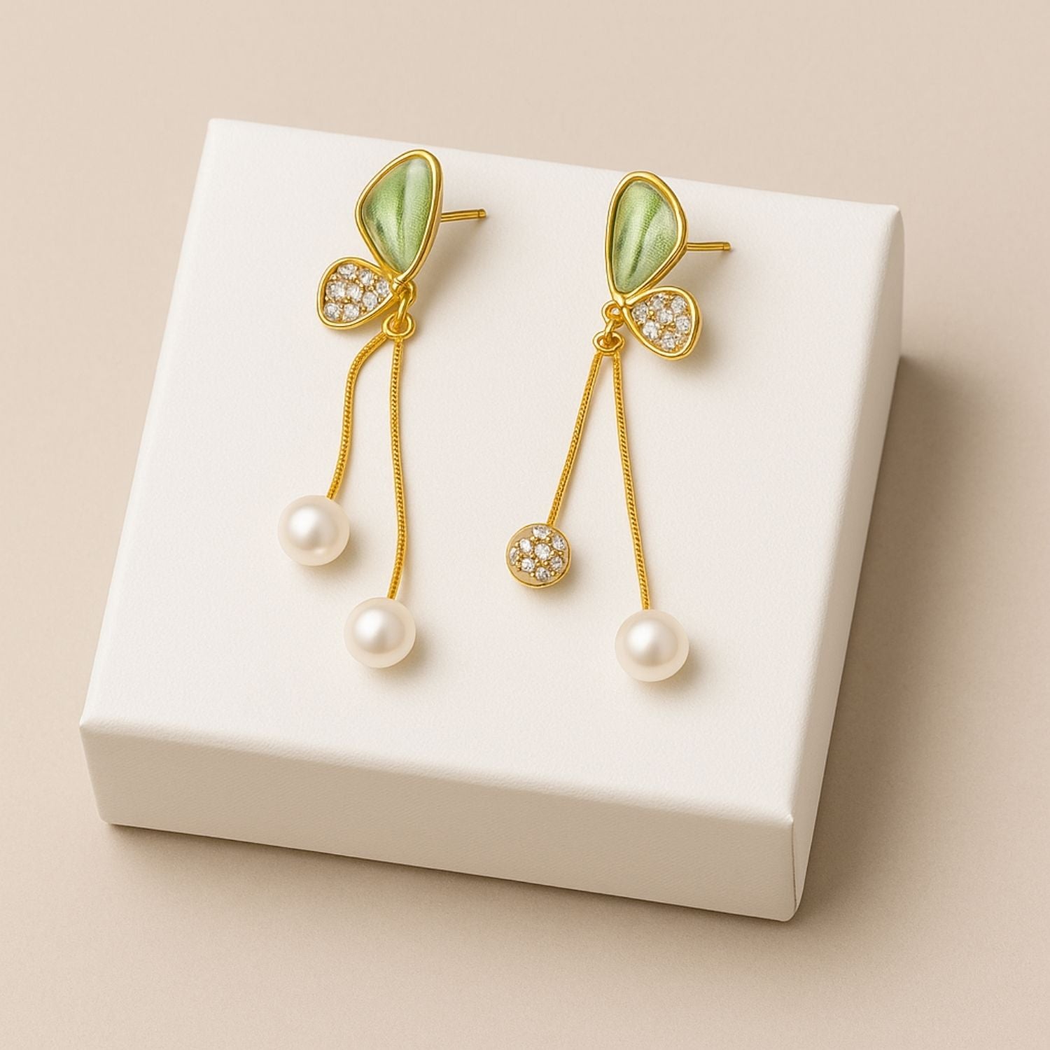 Butterfly Pearl Drop Earrings – Green Enamel & Crystal Dangling Earrings for Women & Girls