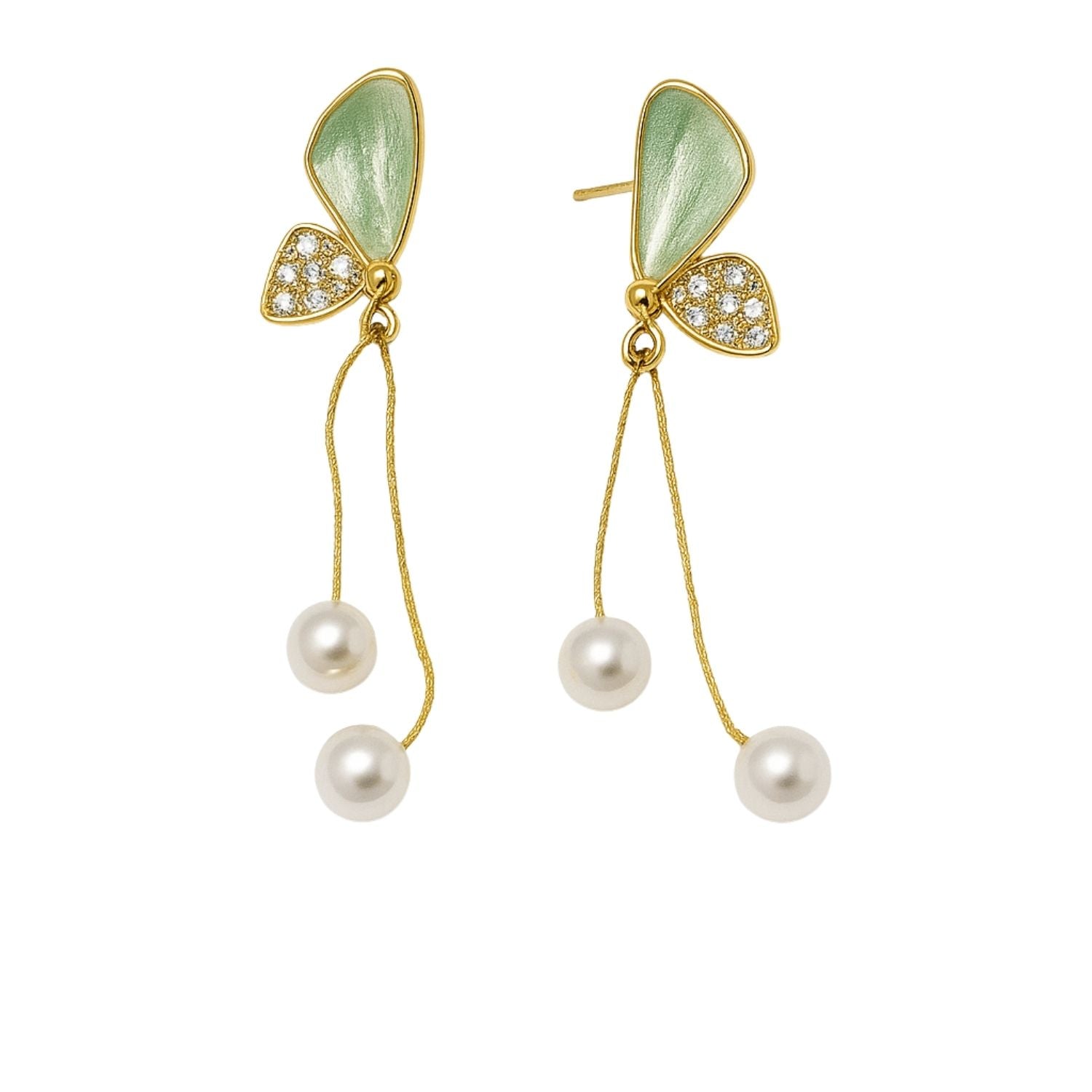 Butterfly Pearl Drop Earrings – Green Enamel & Crystal Dangling Earrings for Women & Girls