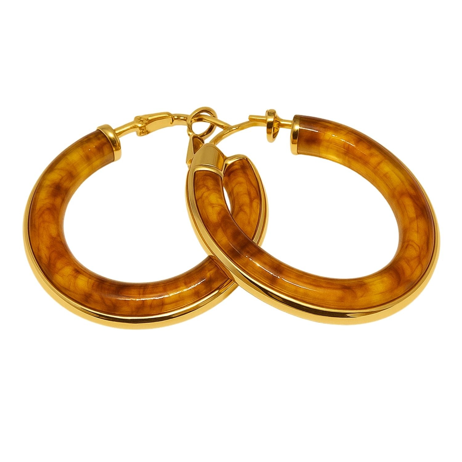 Glossy Amber Resin Gold Hoop Earrings – Bold Round Statement Hoops for Women & Girls