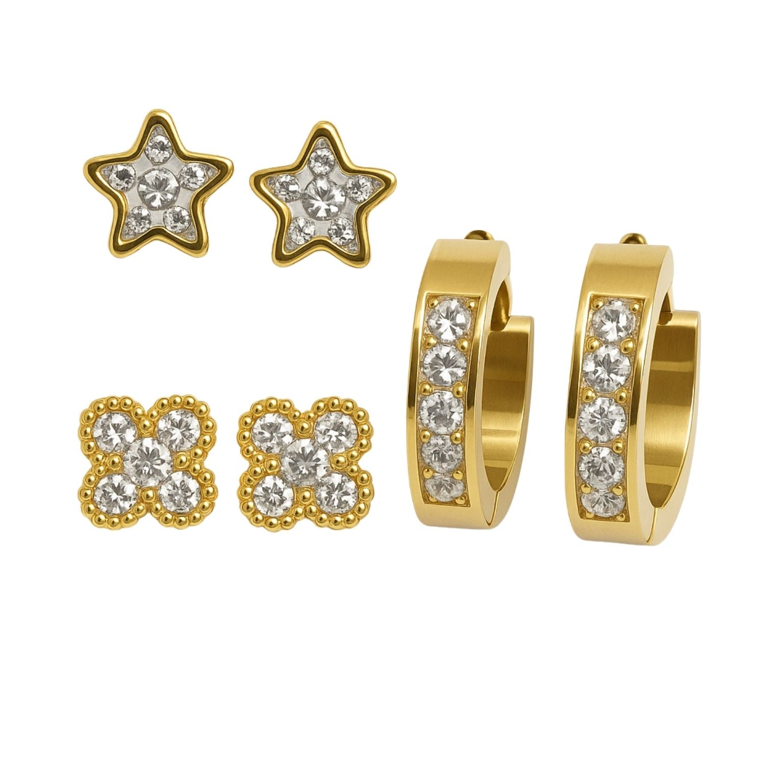 Gold Crystal Stud & Hoop Earring Combo – 3 Pairs of Sparkling Earrings for Women & Girls