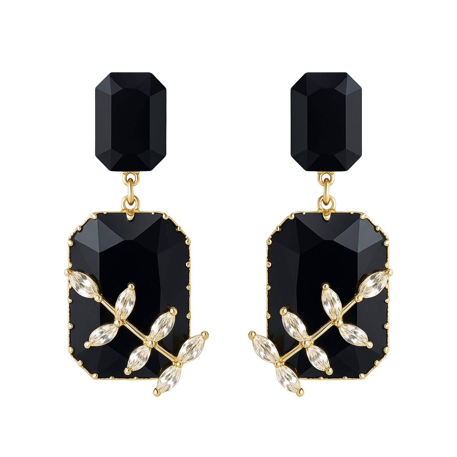Women’s Black Statement Dangle Earrings – Gold-Tone Geometric Drop with Faceted Stones & Crystal Leaf Overlay, Party/Wedding Jewelry (Pair)
