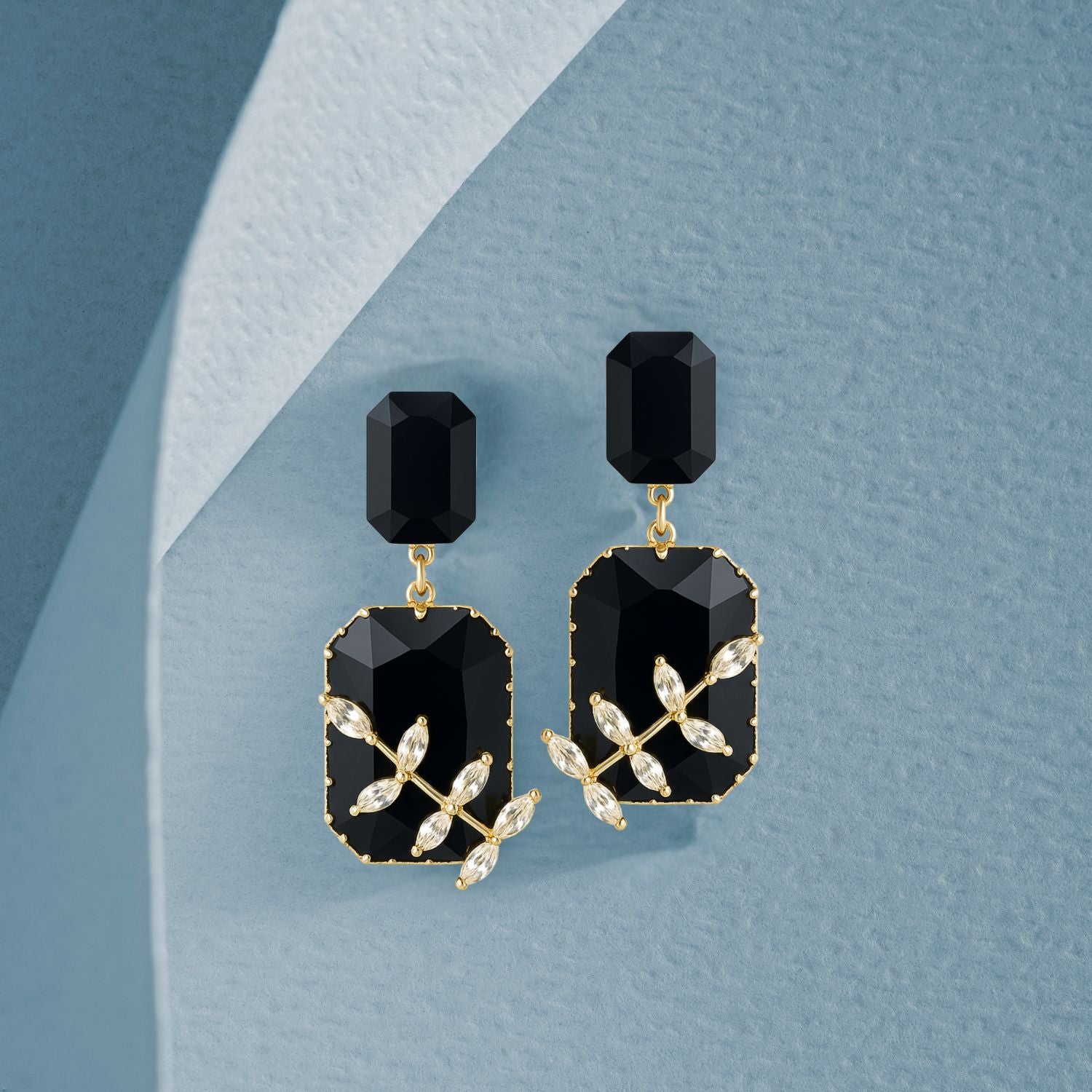 Women’s Black Statement Dangle Earrings – Gold-Tone Geometric Drop with Faceted Stones & Crystal Leaf Overlay, Party/Wedding Jewelry (Pair)