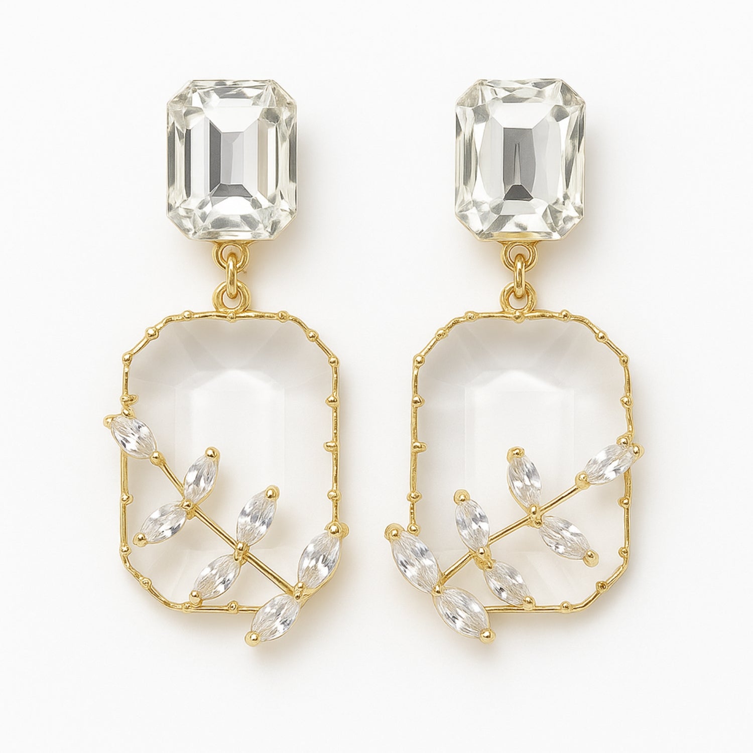 Women’s Black Statement Dangle Earrings – Gold-Tone Geometric Drop with Faceted Stones & Crystal Leaf Overlay, Party/Wedding Jewelry (Pair)