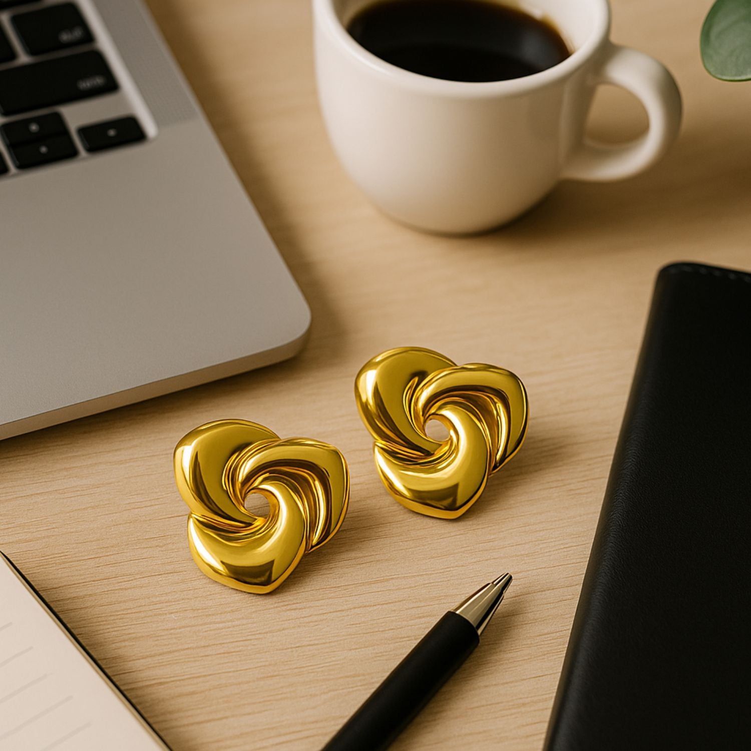 Women’s Molten Swirl Rosette Stud Earrings – Gold-Tone Sculptural Flower Knot, Lightweight Statement Studs for Daily, Party & Festive Wear