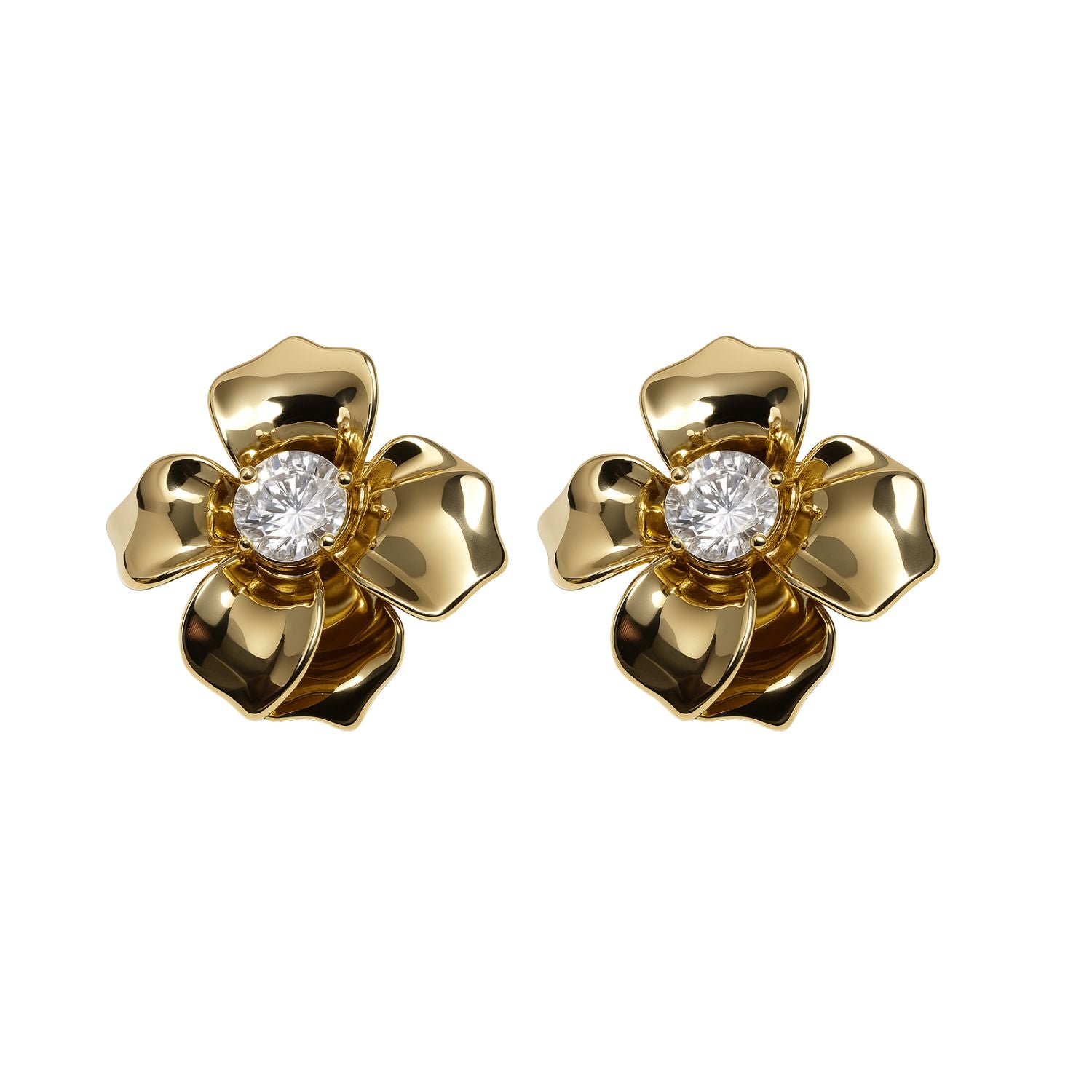 Women’s 3D Bloom Flower Stud Earrings – Gold-Tone Sculpted Petals with Sparkling Oval Crystal Center, Lightweight Statement Studs with Push-Back (Pair)