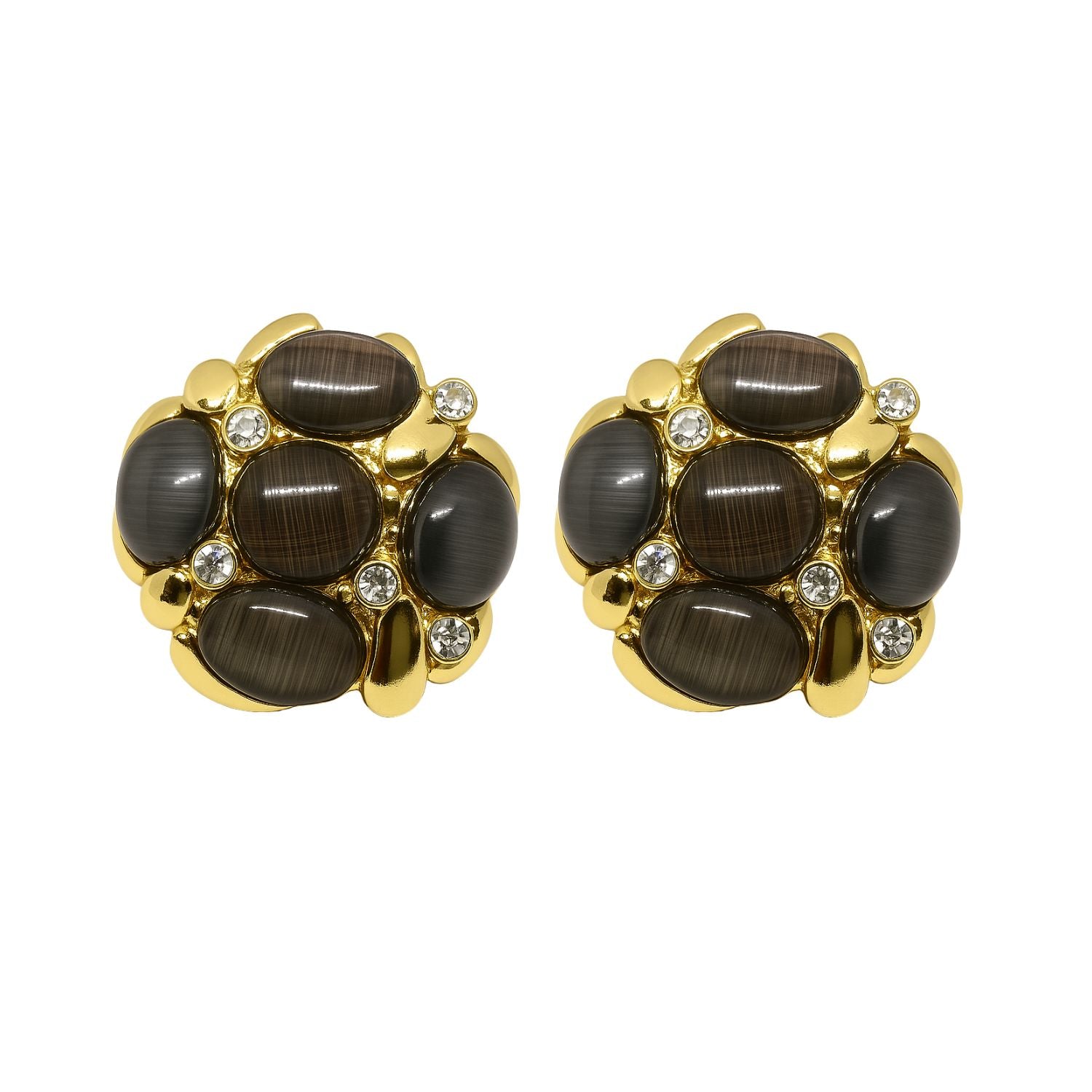 Women’s Blush Cat-Eye Cluster Stud Earrings – Gold-Tone Floral Round Studs with Pink Cabochons & Sparkle Crystals, Lightweight Push-Back (Pair)