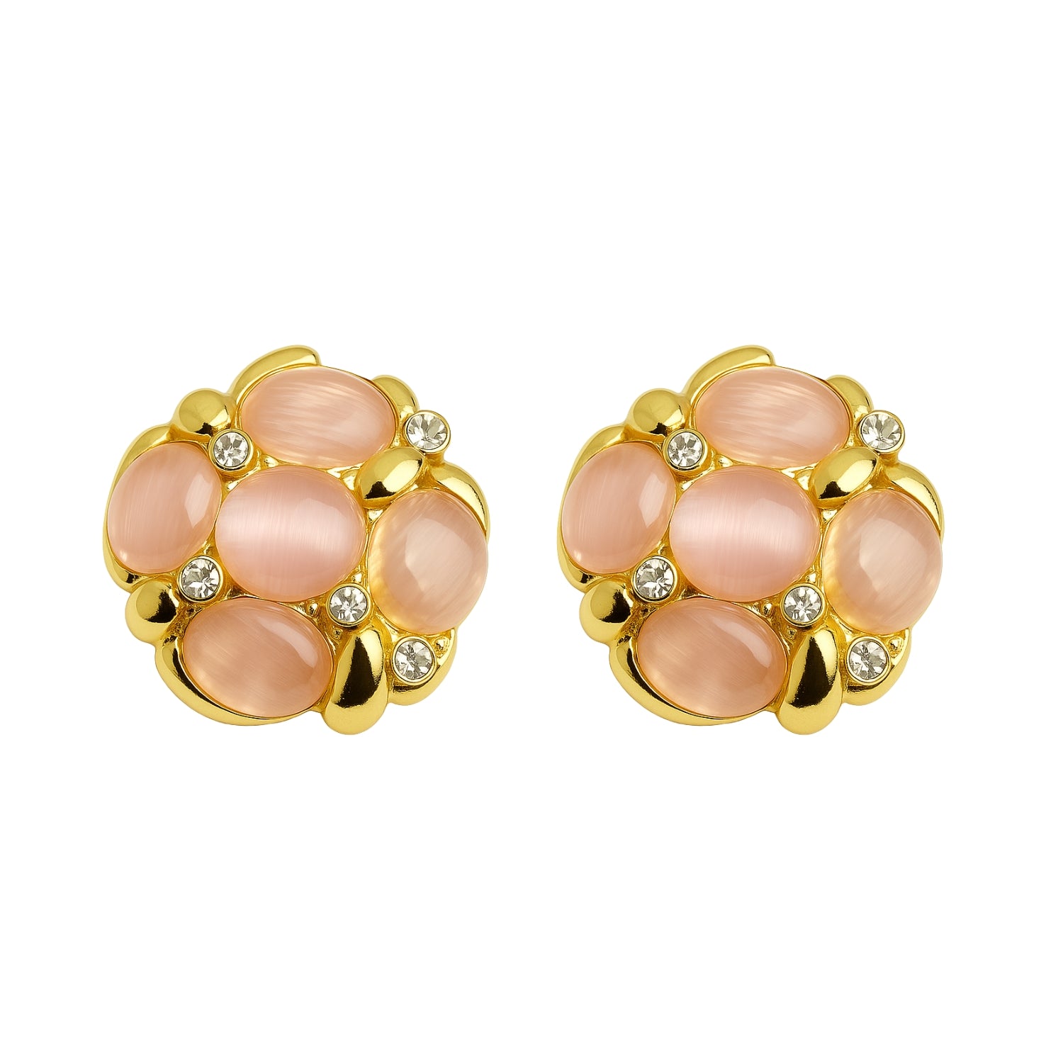 Women’s Blush Cat-Eye Cluster Stud Earrings – Gold-Tone Floral Round Studs with Pink Cabochons & Sparkle Crystals, Lightweight Push-Back (Pair)