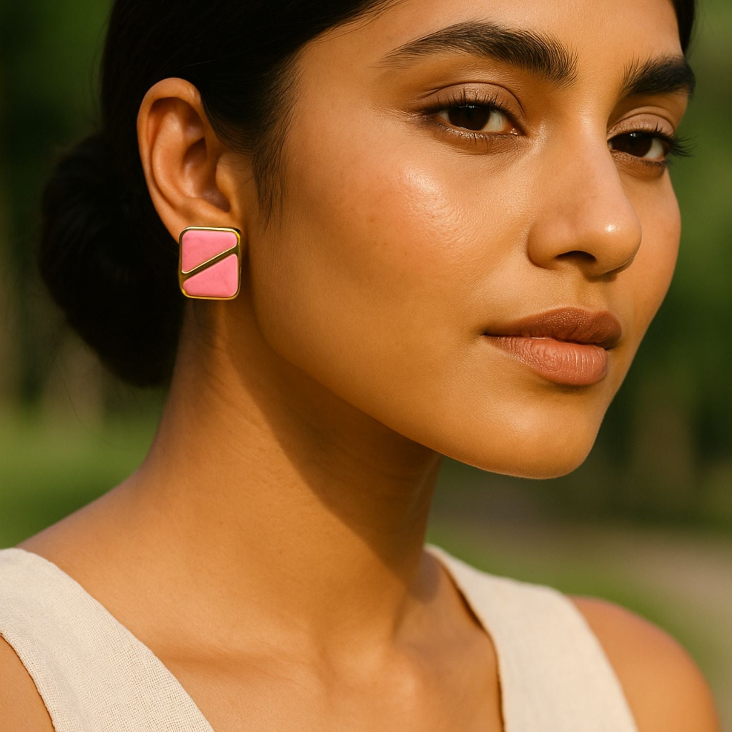 Women’s Enamel Square Stud Earrings – Mint Green & Gold-Tone Geometric Minimal Earrings, Lightweight Statement Studs for Daily, Party & Festive Wear
