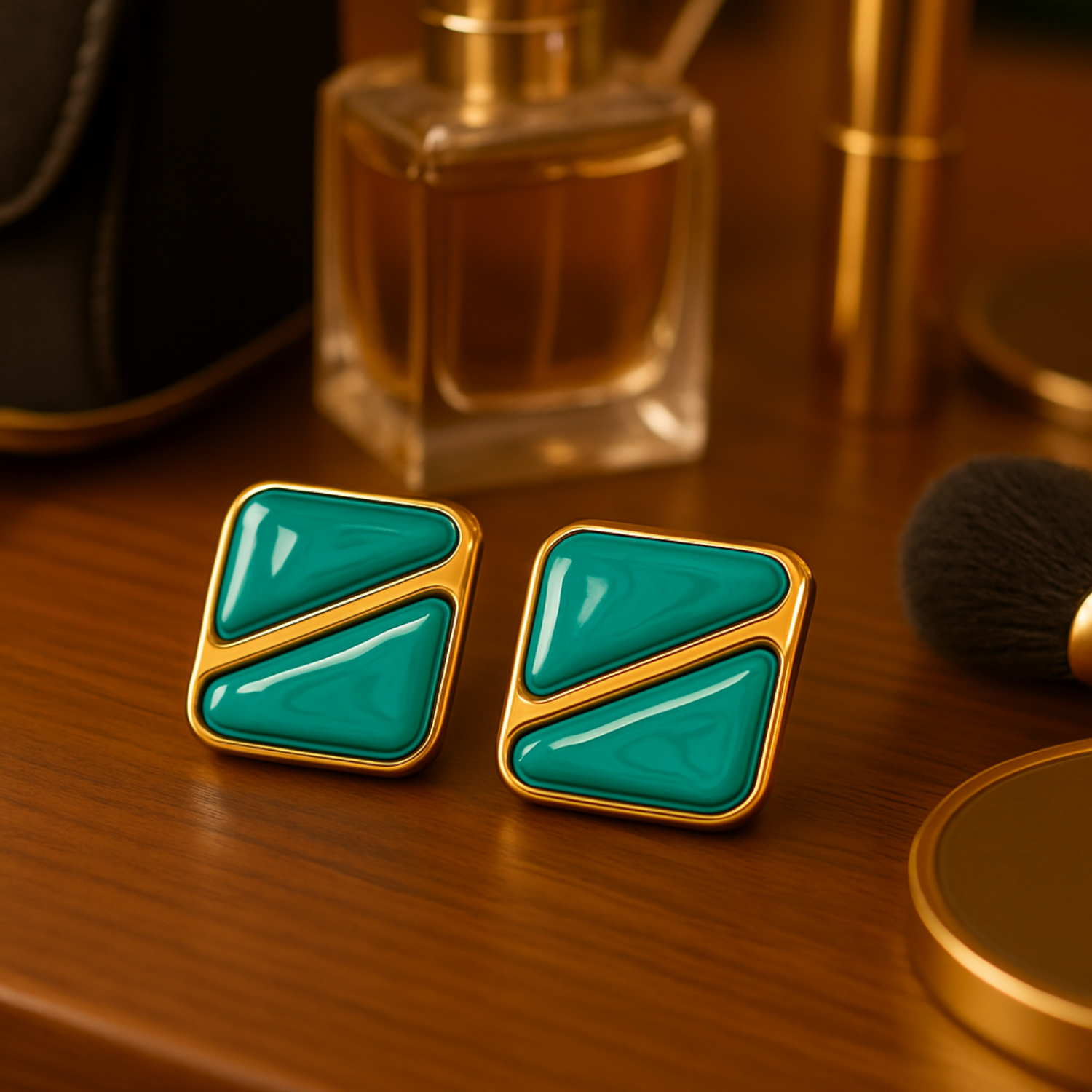 Women’s Enamel Square Stud Earrings – Mint Green & Gold-Tone Geometric Minimal Earrings, Lightweight Statement Studs for Daily, Party & Festive Wear