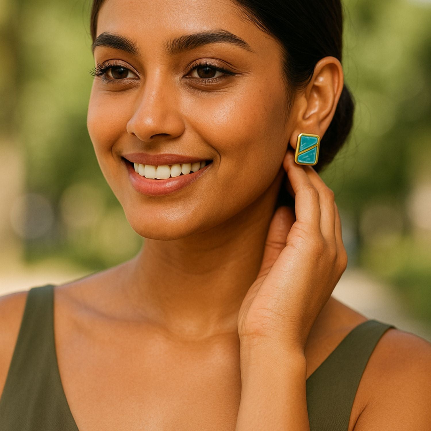 Women’s Enamel Square Stud Earrings – Mint Green & Gold-Tone Geometric Minimal Earrings, Lightweight Statement Studs for Daily, Party & Festive Wear
