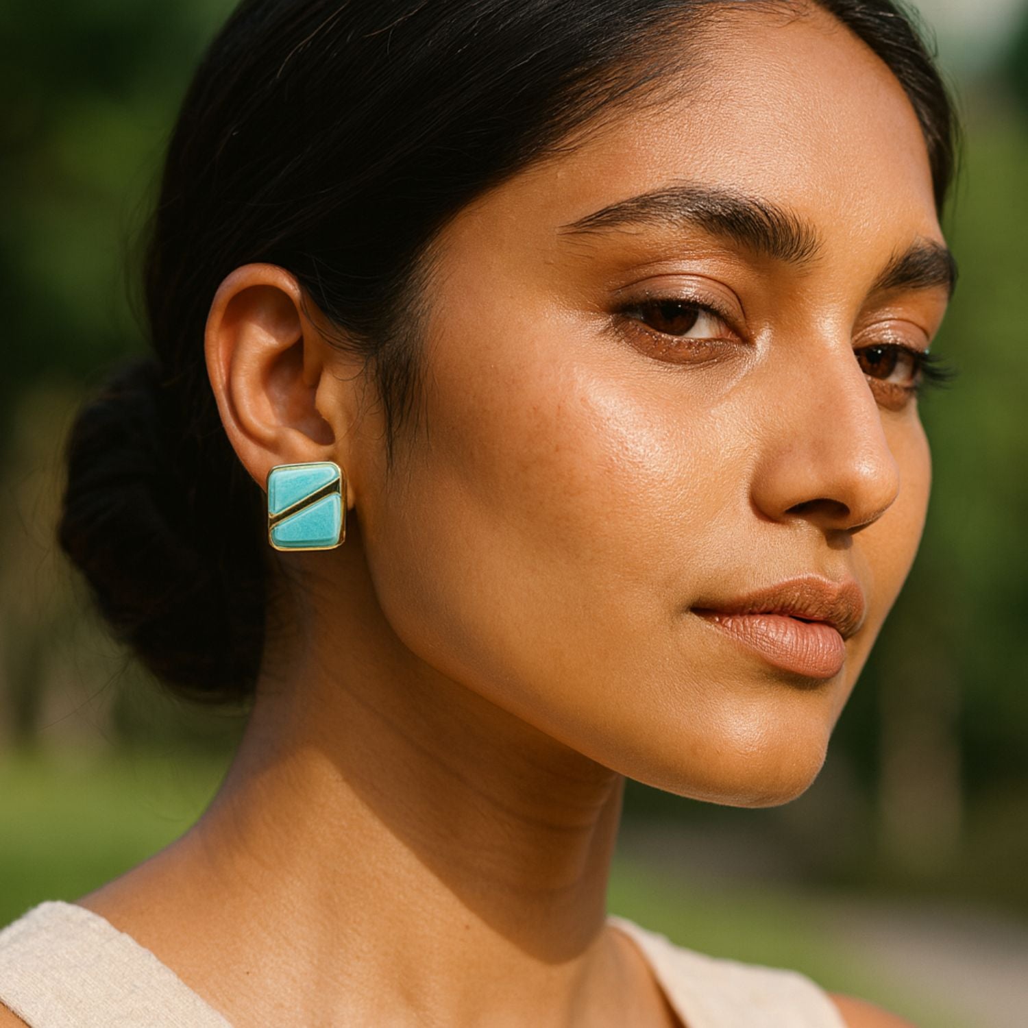 Women’s Enamel Square Stud Earrings – Mint Green & Gold-Tone Geometric Minimal Earrings, Lightweight Statement Studs for Daily, Party & Festive Wear