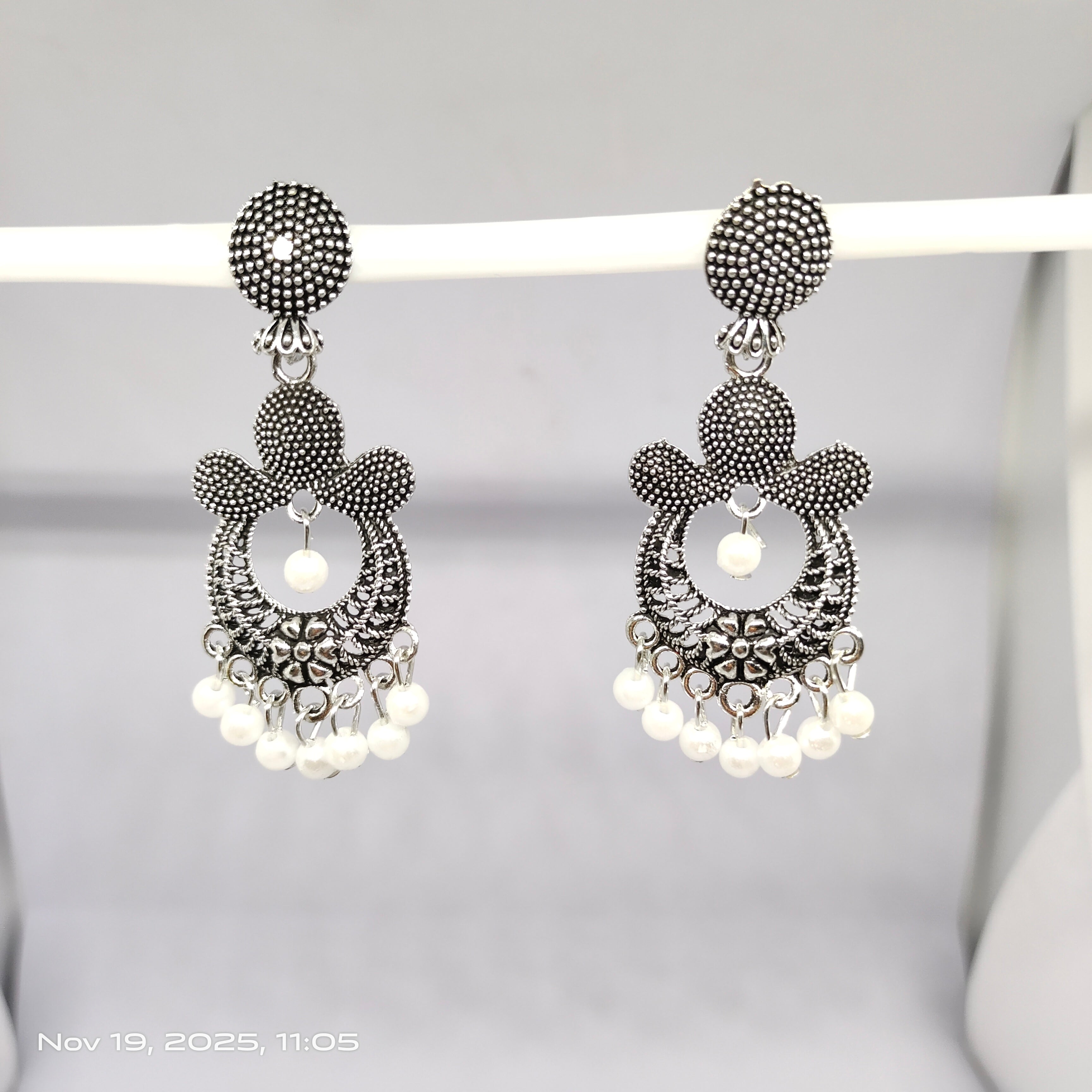 Oxidized Silver Traditional Dangle Earrings for Women & Girls | Antique Finish Earrings with Pearl Drops | Ethnic Party & Festive Jewellery