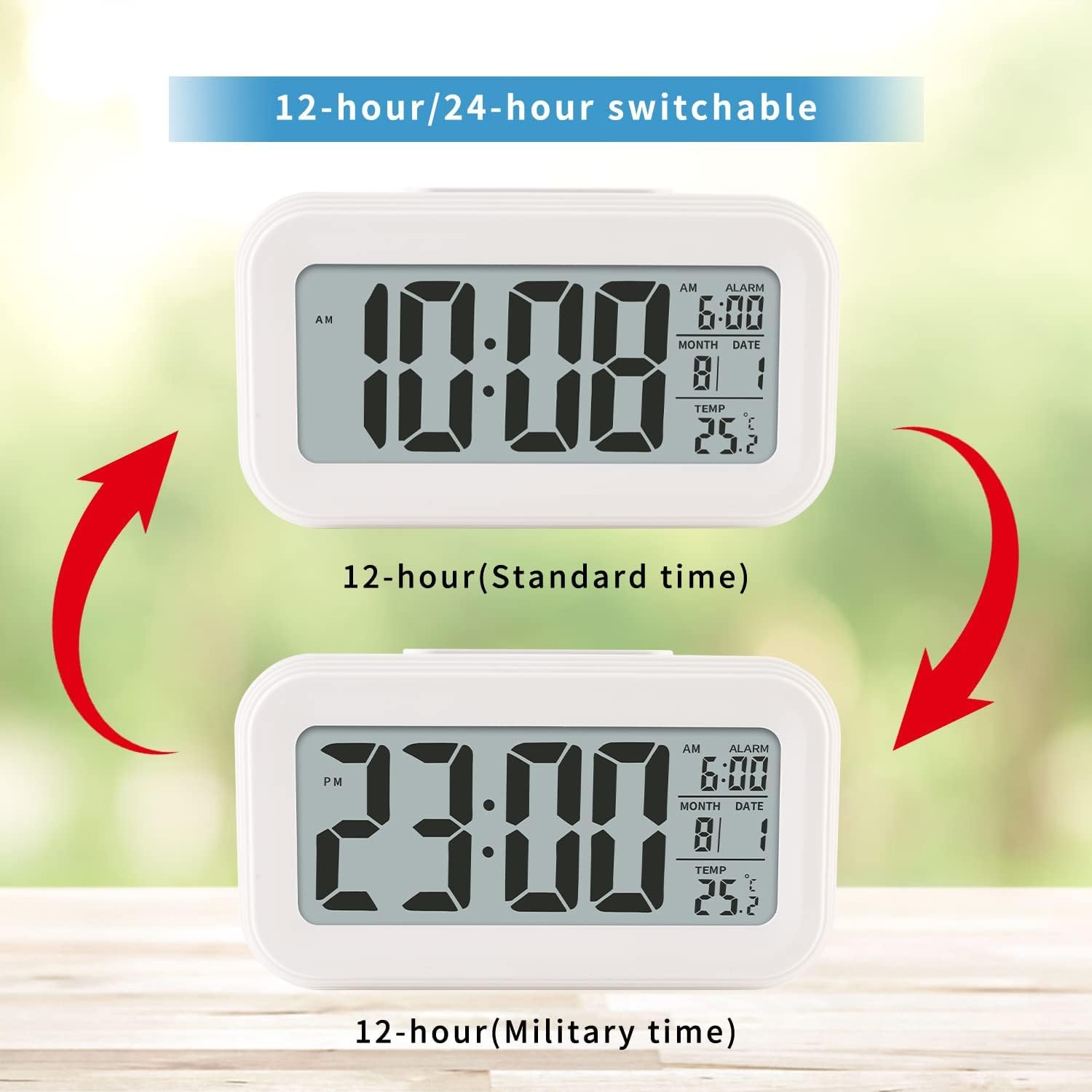 Digital Alarm Clock (LCD)Table Clock for Students, Home, Office, Corporate with Automatic Sensor, Date & Temperature (White Digital) ABS Material