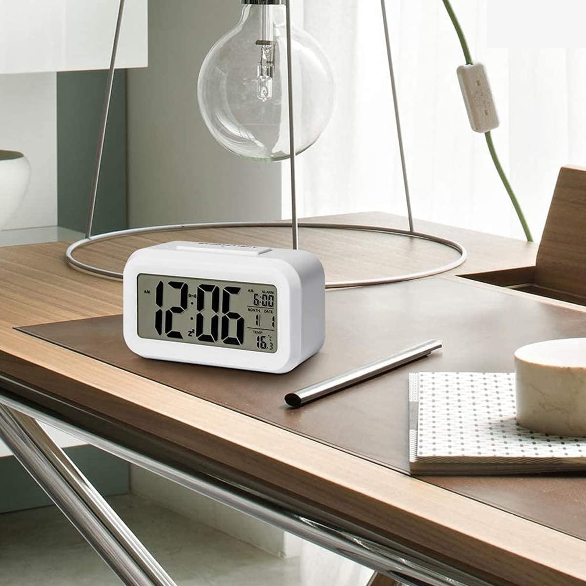 Digital Alarm Clock (LCD)Table Clock for Students, Home, Office, Corporate with Automatic Sensor, Date & Temperature (White Digital) ABS Material