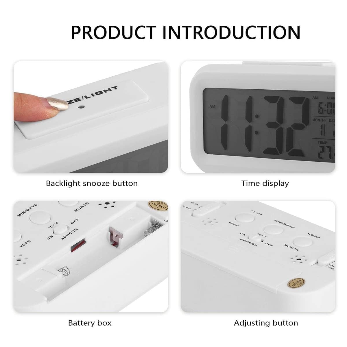 Digital Alarm Clock (LCD)Table Clock for Students, Home, Office, Corporate with Automatic Sensor, Date & Temperature (White Digital) ABS Material