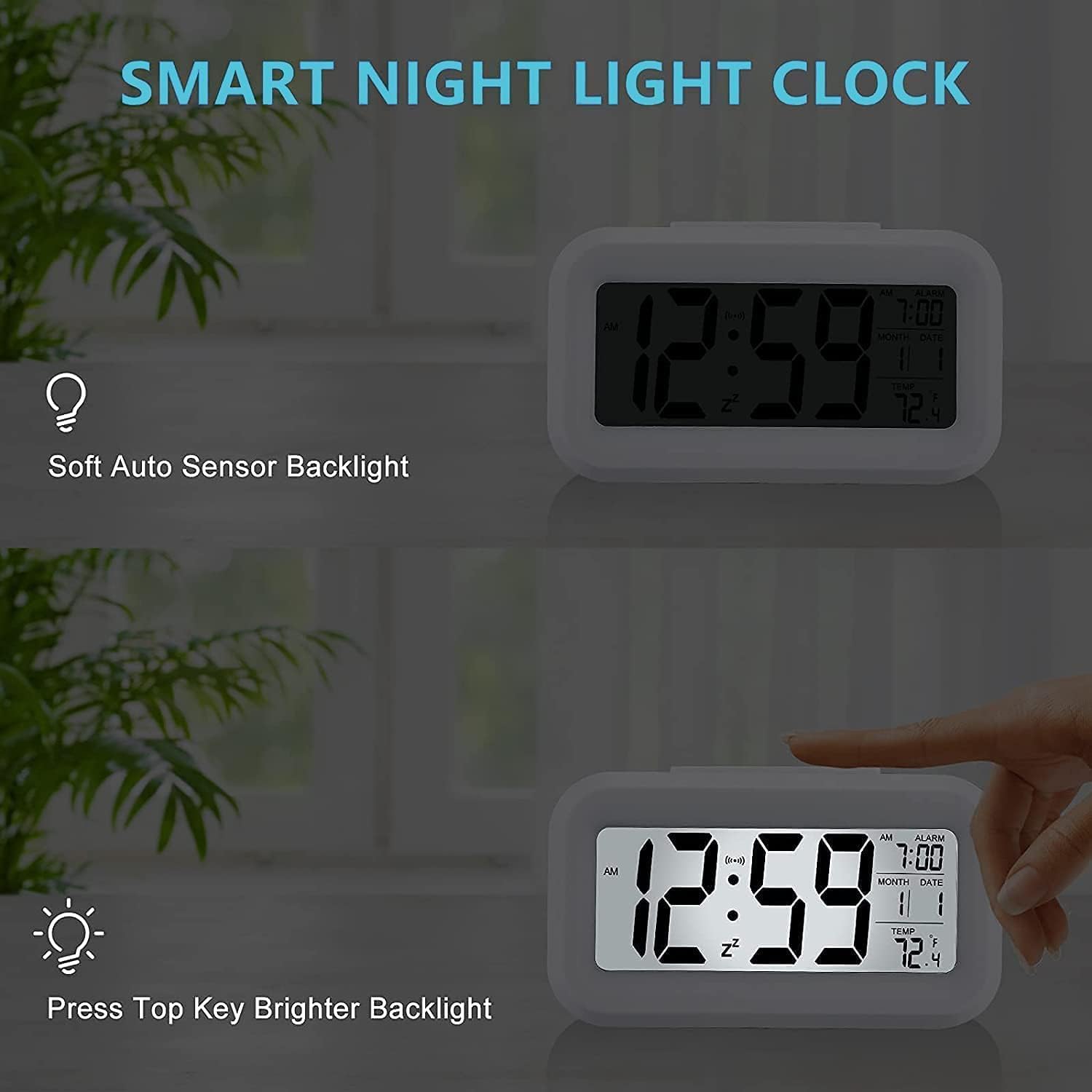 Digital Alarm Clock (LCD)Table Clock for Students, Home, Office, Corporate with Automatic Sensor, Date & Temperature (White Digital) ABS Material