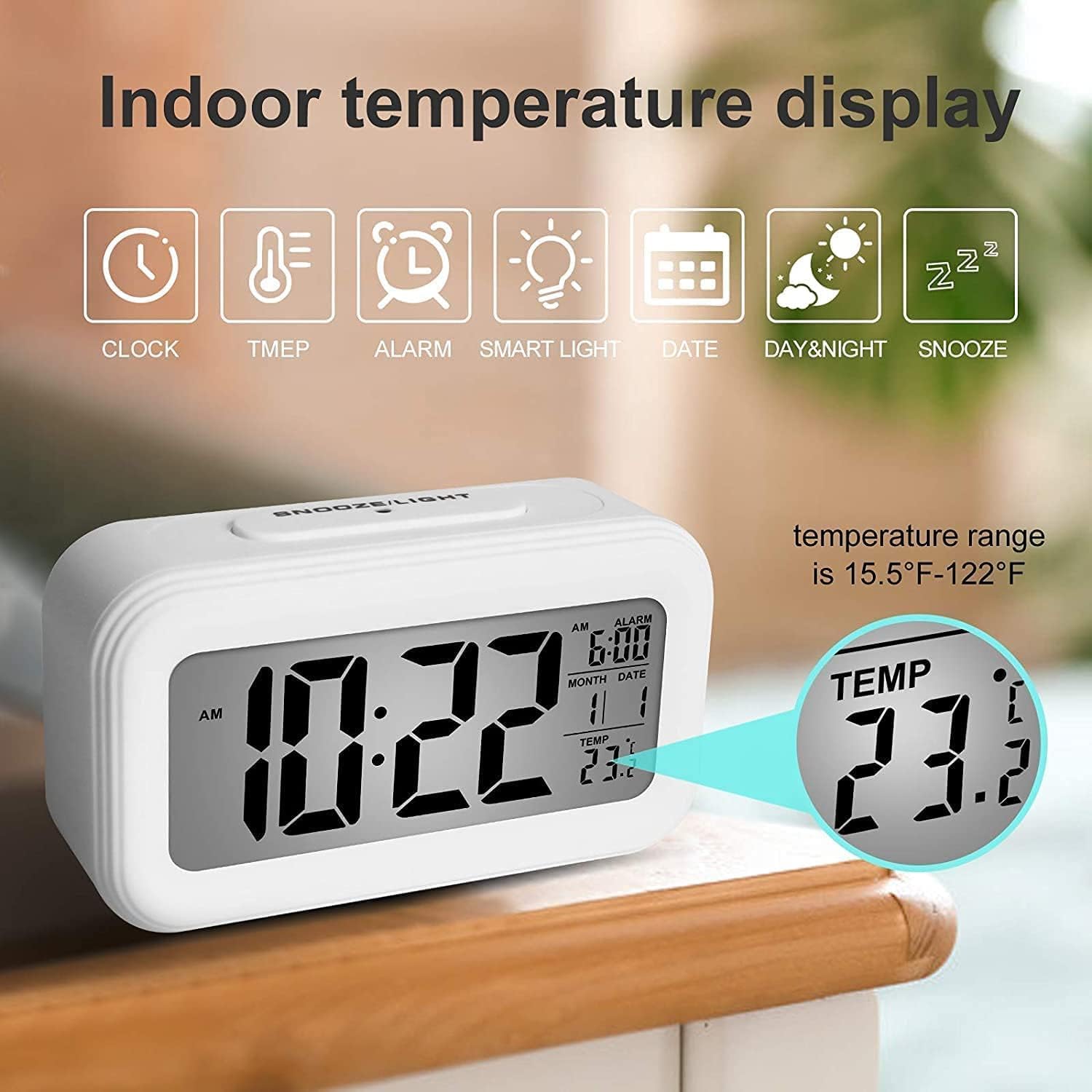 Digital Alarm Clock (LCD)Table Clock for Students, Home, Office, Corporate with Automatic Sensor, Date & Temperature (White Digital) ABS Material