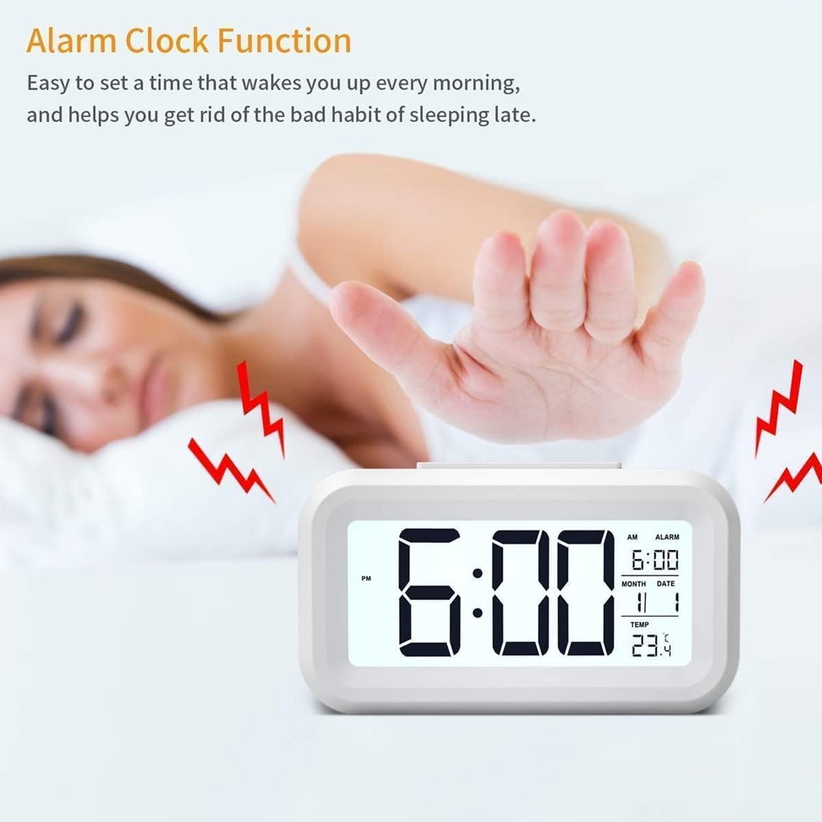 Digital Alarm Clock (LCD)Table Clock for Students, Home, Office, Corporate with Automatic Sensor, Date & Temperature (White Digital) ABS Material
