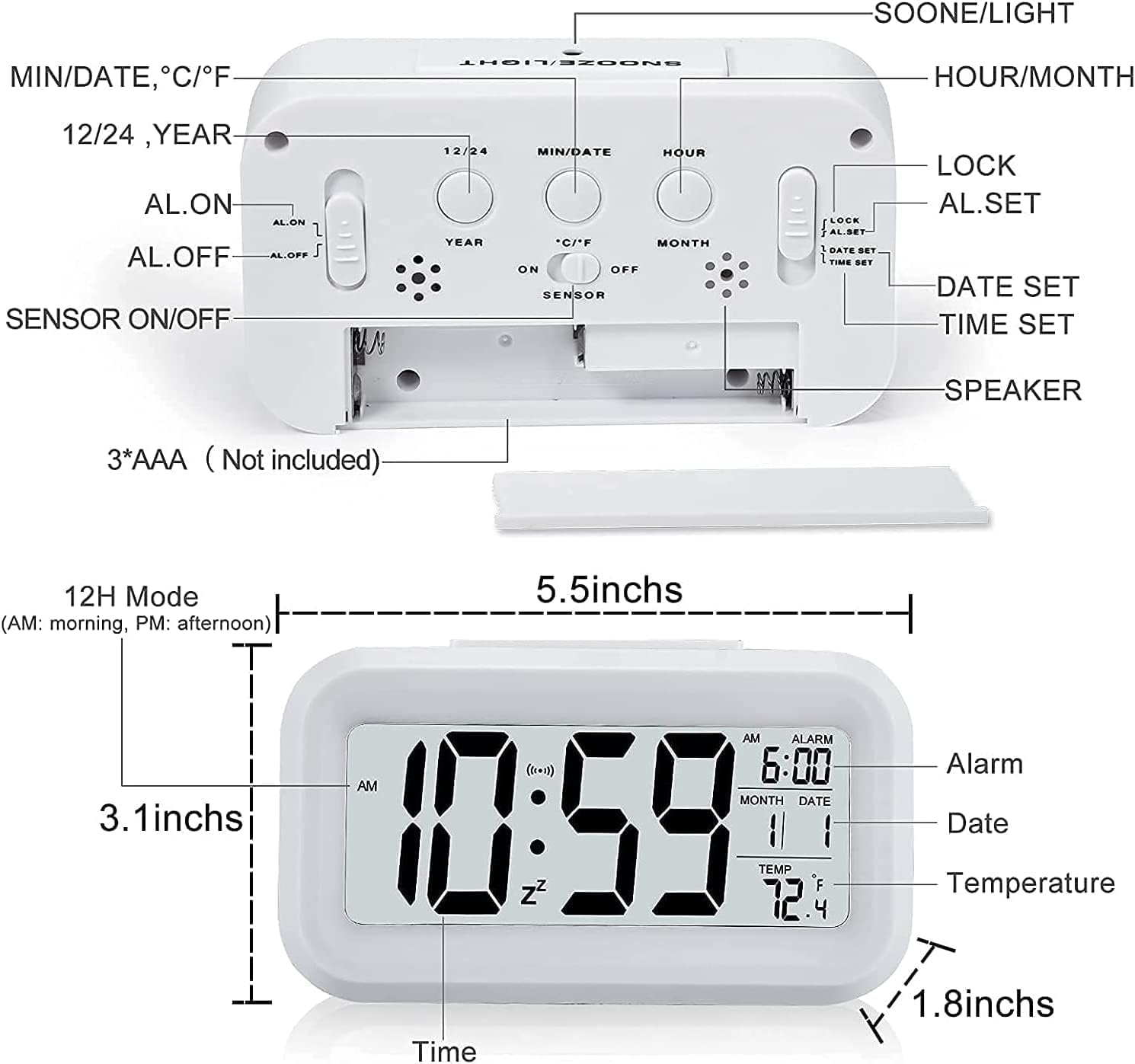 Digital Alarm Clock (LCD)Table Clock for Students, Home, Office, Corporate with Automatic Sensor, Date & Temperature (White Digital) ABS Material