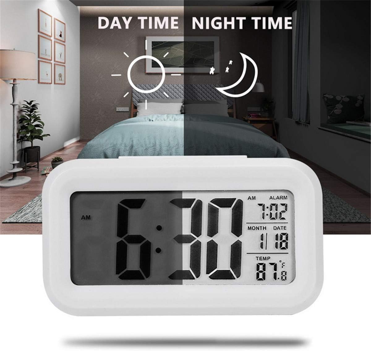Digital Alarm Clock (LCD)Table Clock for Students, Home, Office, Corporate with Automatic Sensor, Date & Temperature (White Digital) ABS Material
