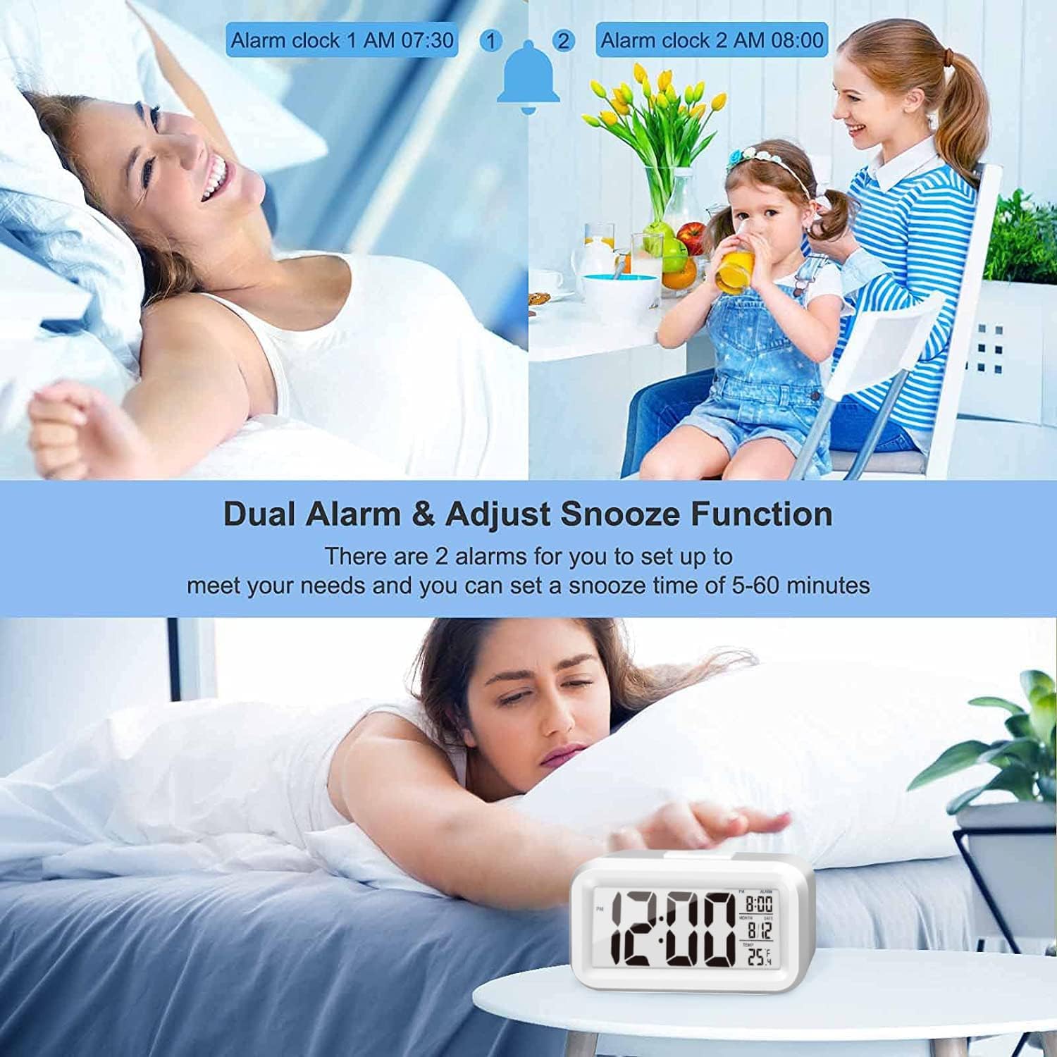 Digital Alarm Clock (LCD)Table Clock for Students, Home, Office, Corporate with Automatic Sensor, Date & Temperature (White Digital) ABS Material