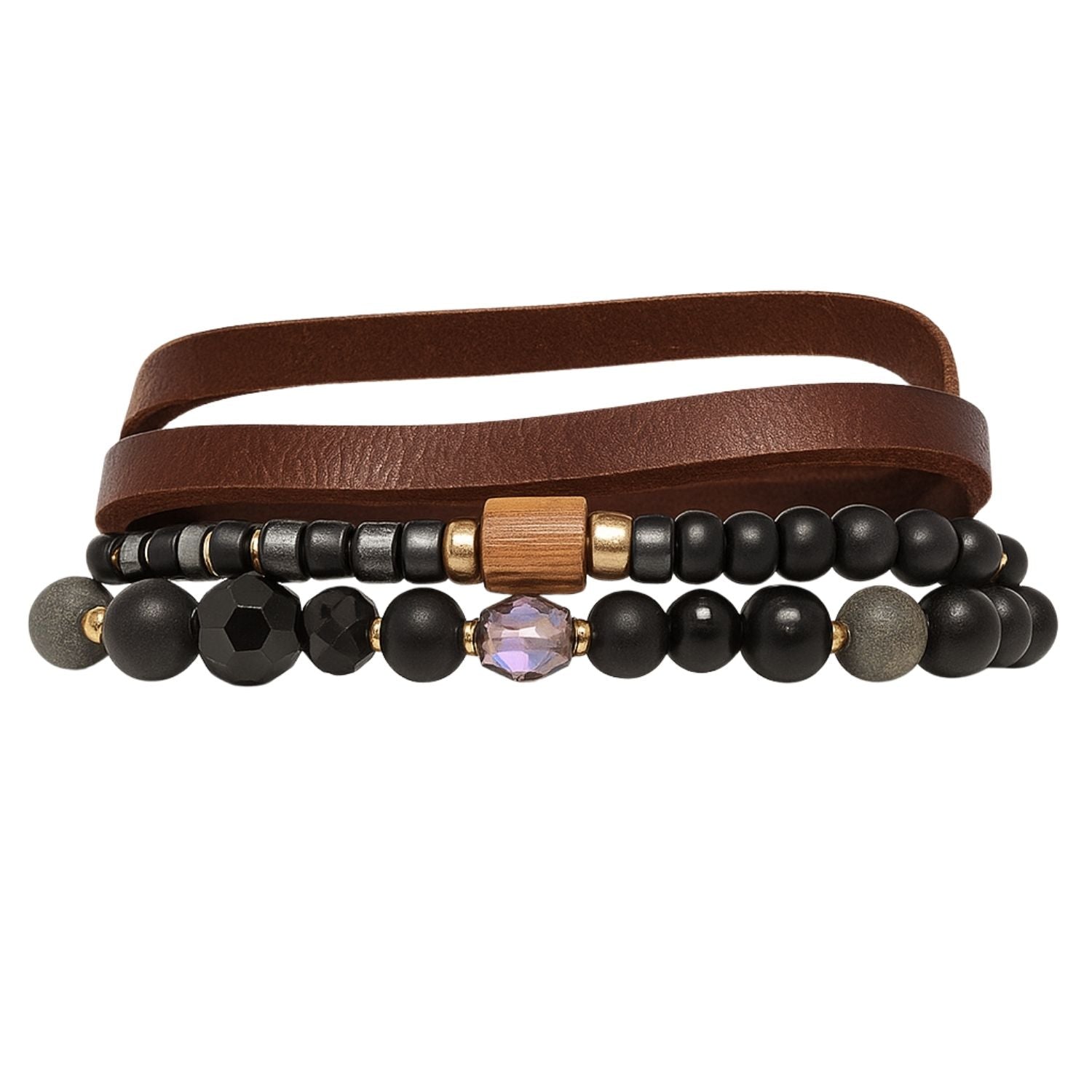 Premium Men's Multi-Layer Beaded & Leather Bracelet – Black, Brown & Wood-Tone Stack for Boys & Men