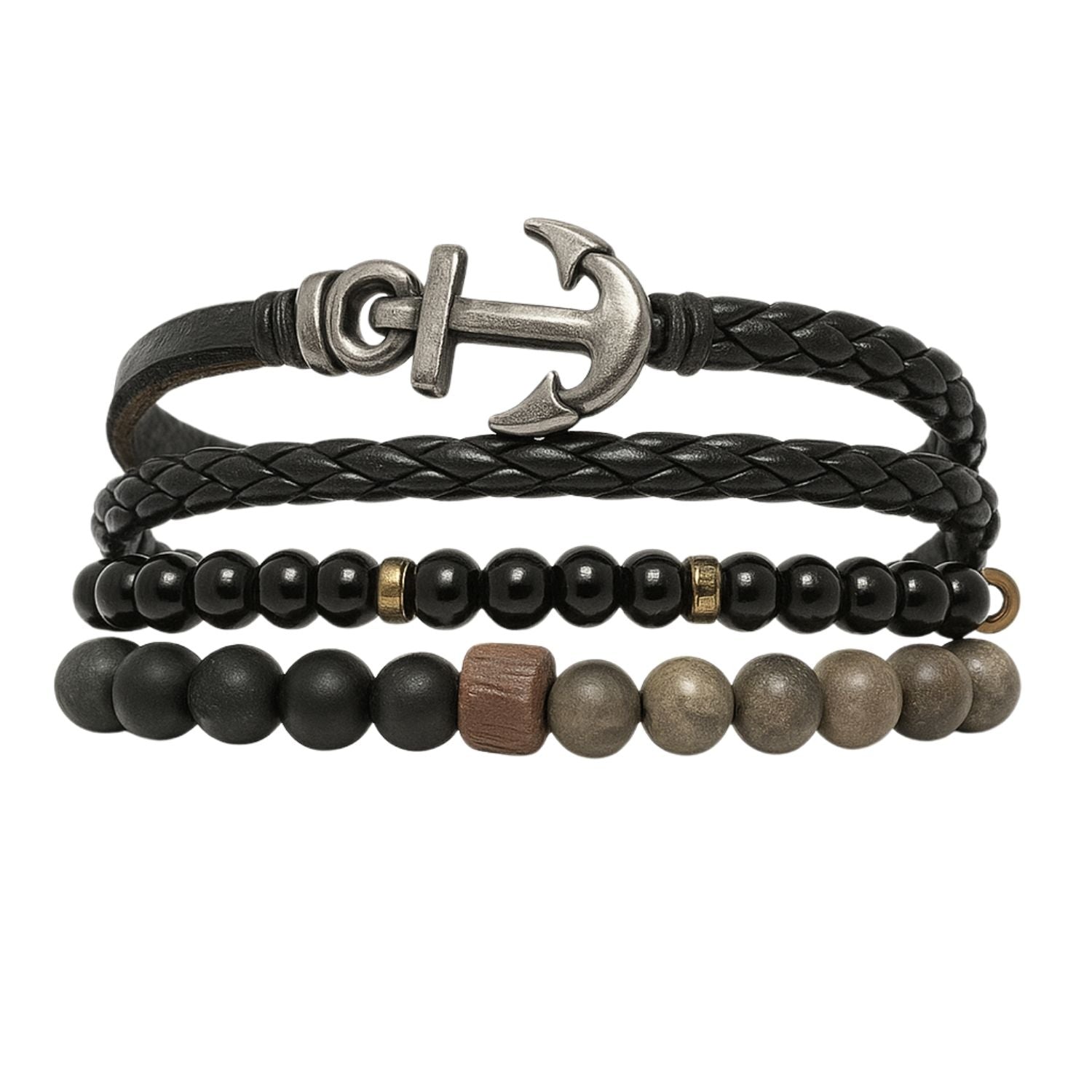 Premium Men's Anchor Charm Bracelet Stack – Black Leather & Beaded Nautical Wristwear