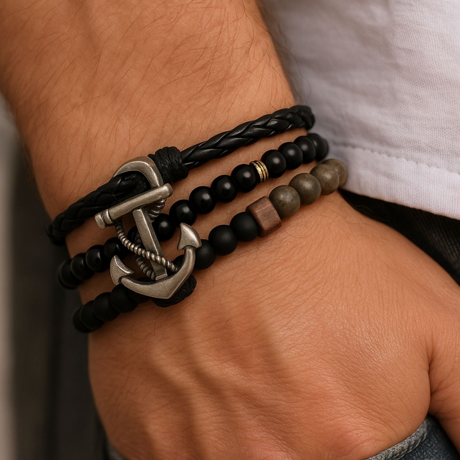 Men's Anchor Charm Bracelet Stack – Black Leather & Beaded Nautical Wristwear
