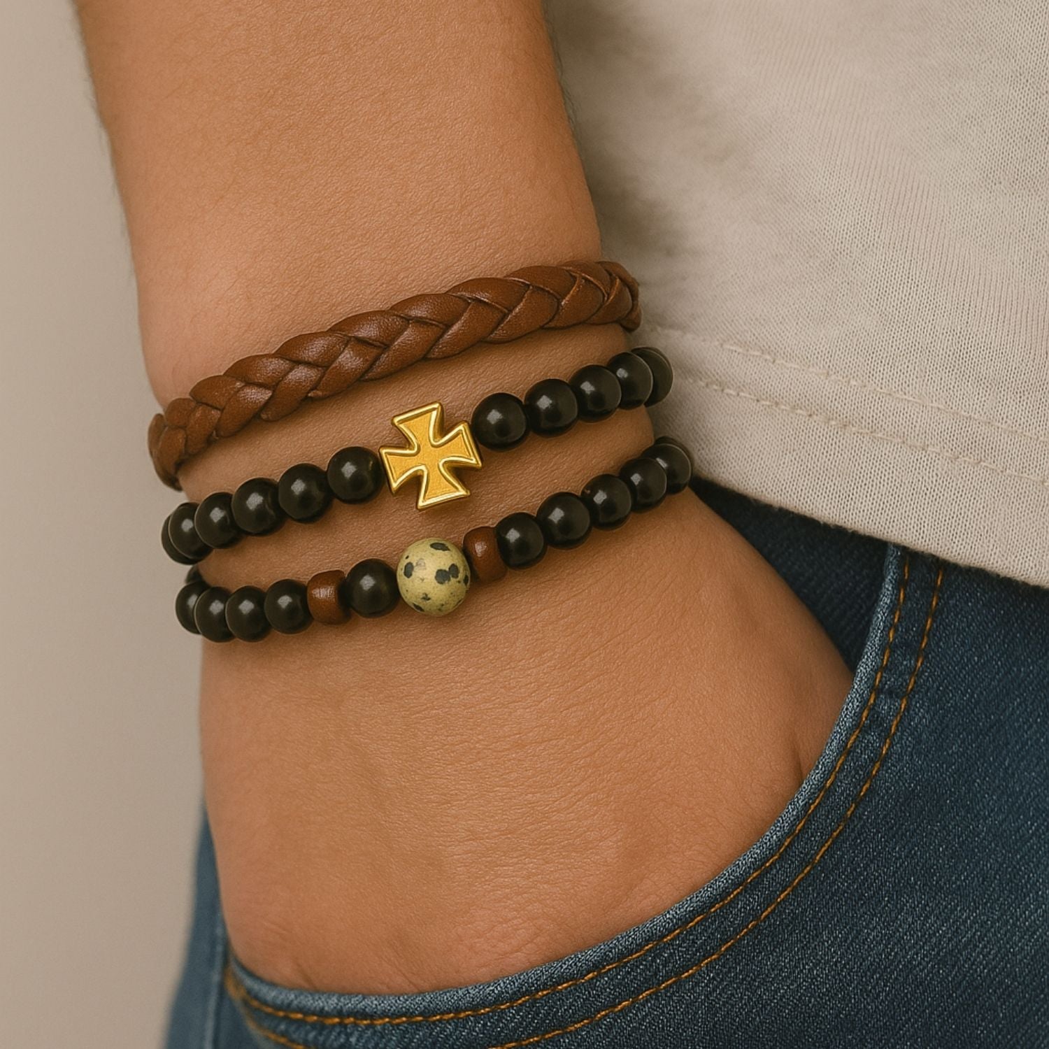 Premium Men's Triple-Layer Bracelet Set – Leather & Bead Stack with Gold Cross Accent