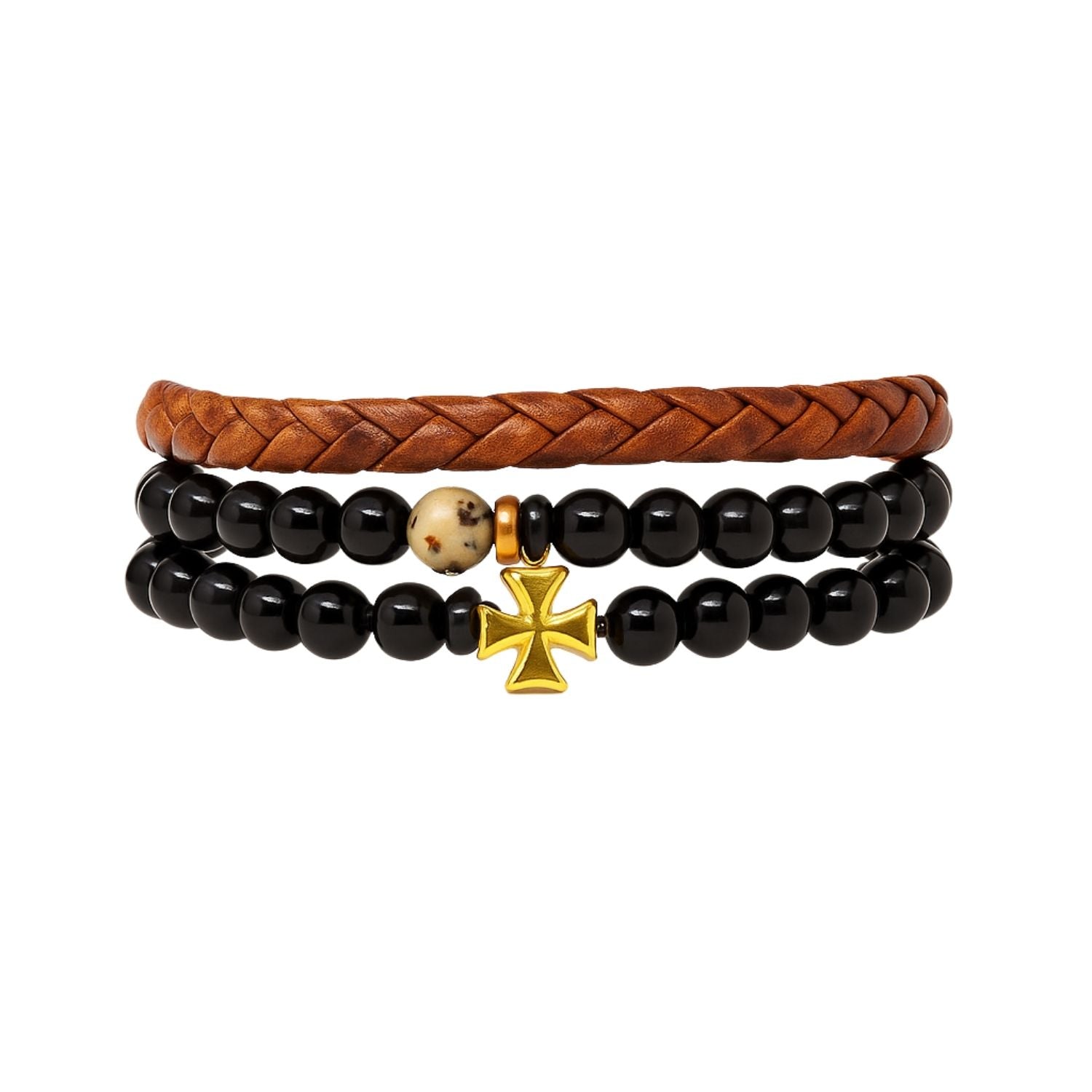 Premium Men's Triple-Layer Bracelet Set – Leather & Bead Stack with Gold Cross Accent