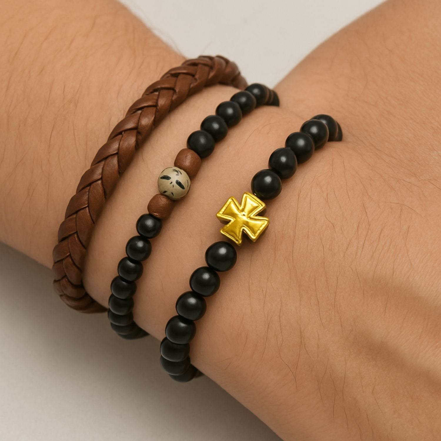 Premium Men's Triple-Layer Bracelet Set – Leather & Bead Stack with Gold Cross Accent