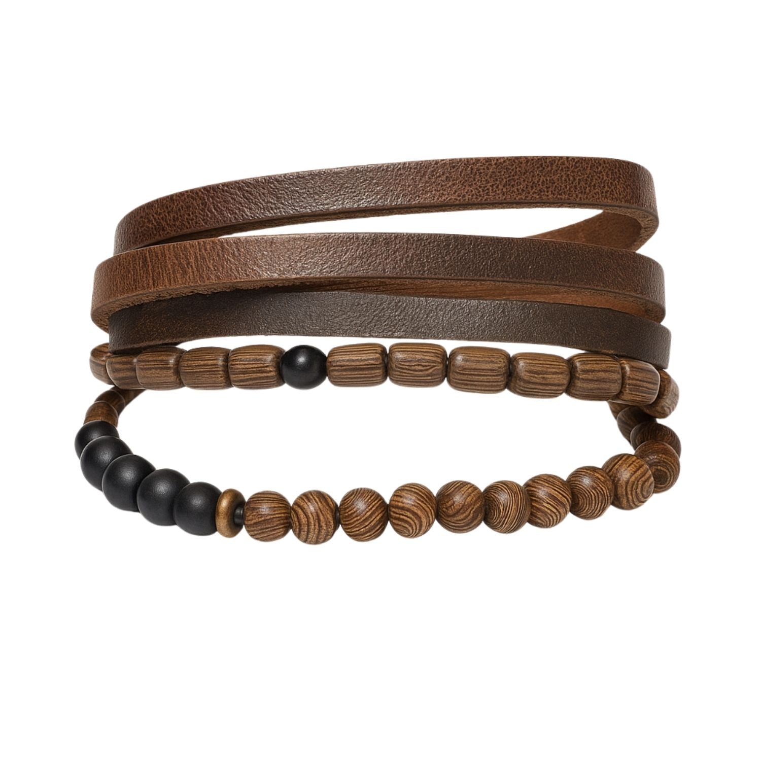 Premium Men’s Rustic Wooden Bead & Leather Bracelet Set – Multi-Layer Brown Stack