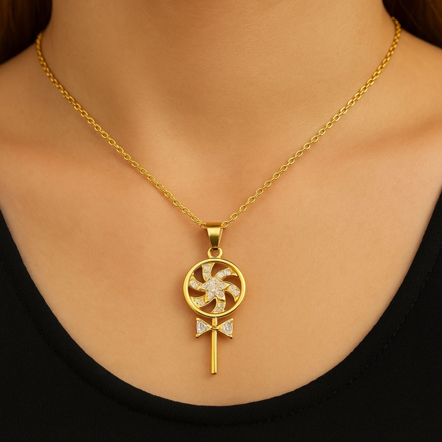 Golden Key Design Pendant Necklace with Crystals