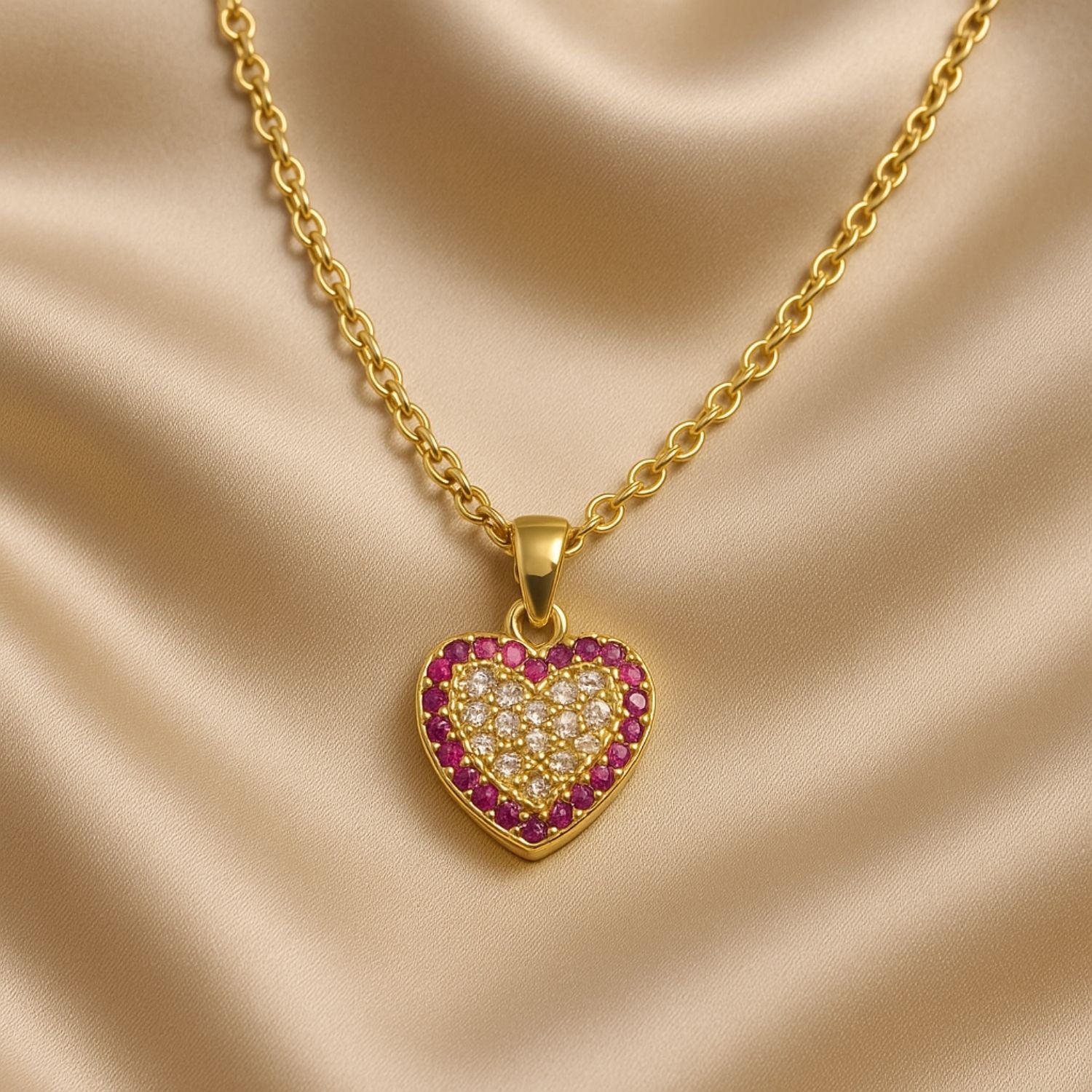 Gold-Tone Heart Pendant Necklace with Ruby & Diamond Accents
