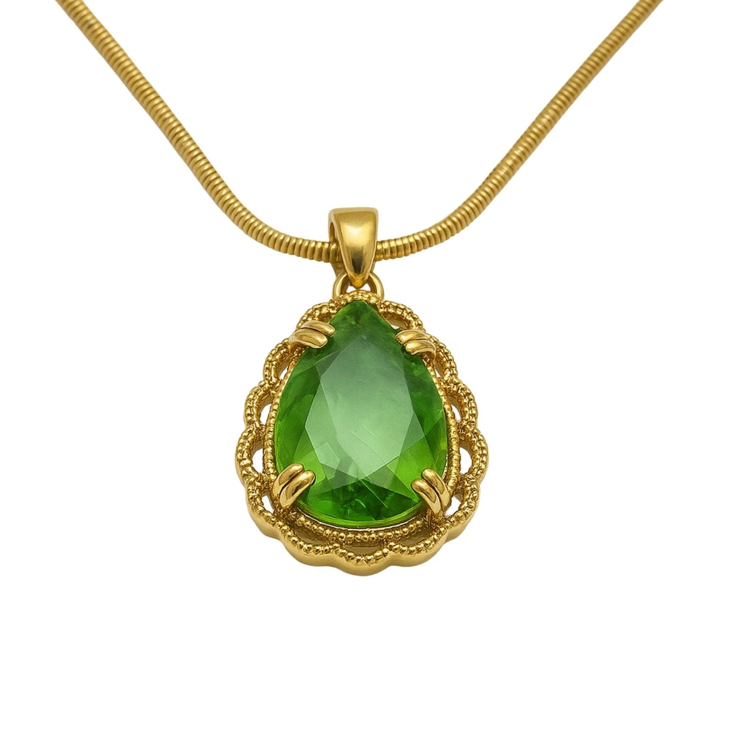 Regal Teardrop Pendant Necklace – Green Stone with Gold Frame
