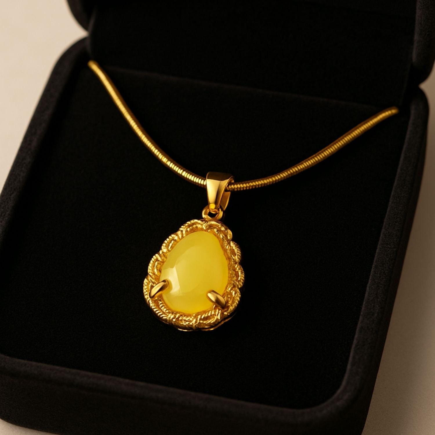Golden Glow Teardrop Pendant Necklace – Yellow Stone in Ornate Gold Frame