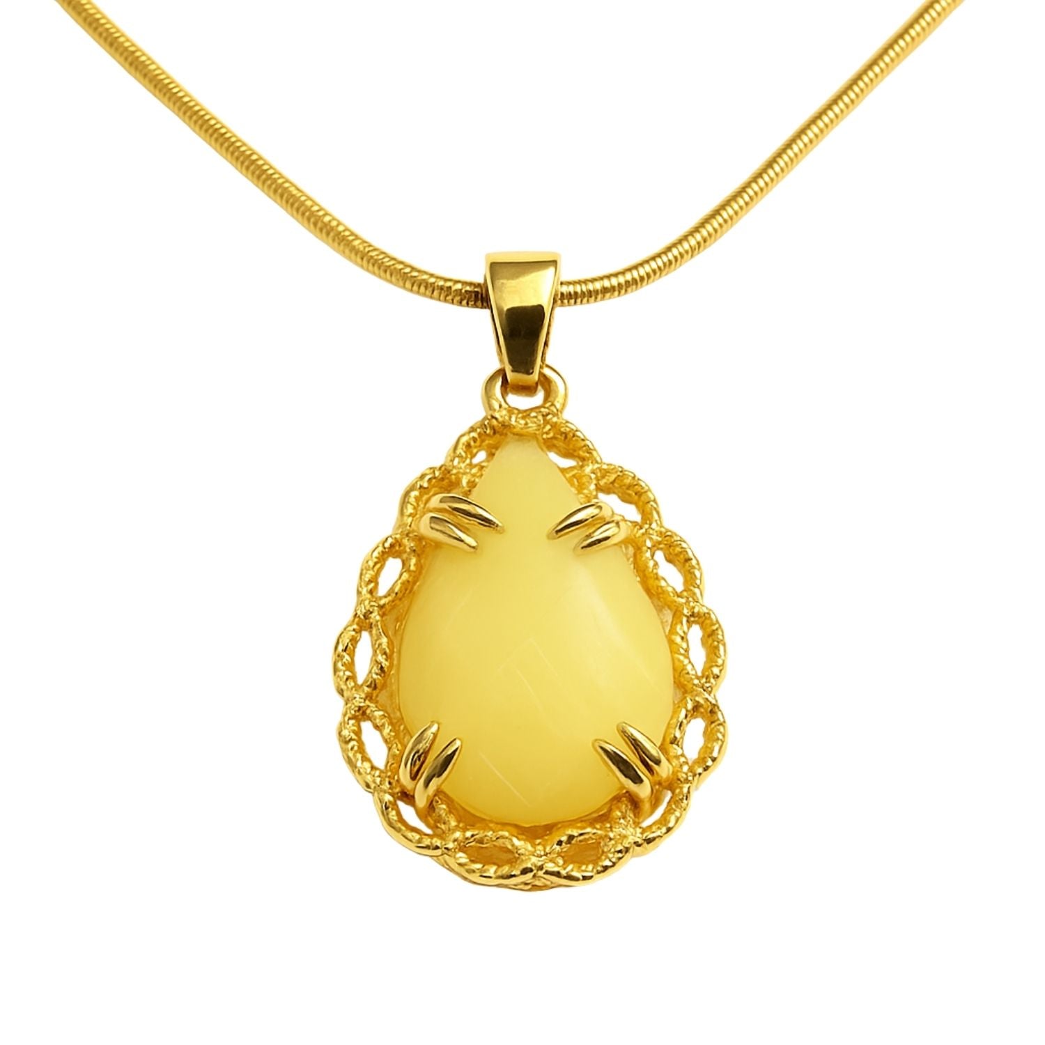 Golden Glow Teardrop Pendant Necklace – Yellow Stone in Ornate Gold Frame