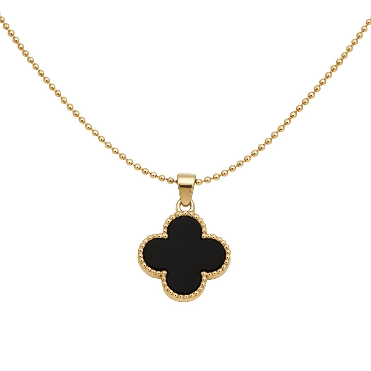 Elegant Black Clover Pendant – Gold-Tone Beaded Chain Necklace