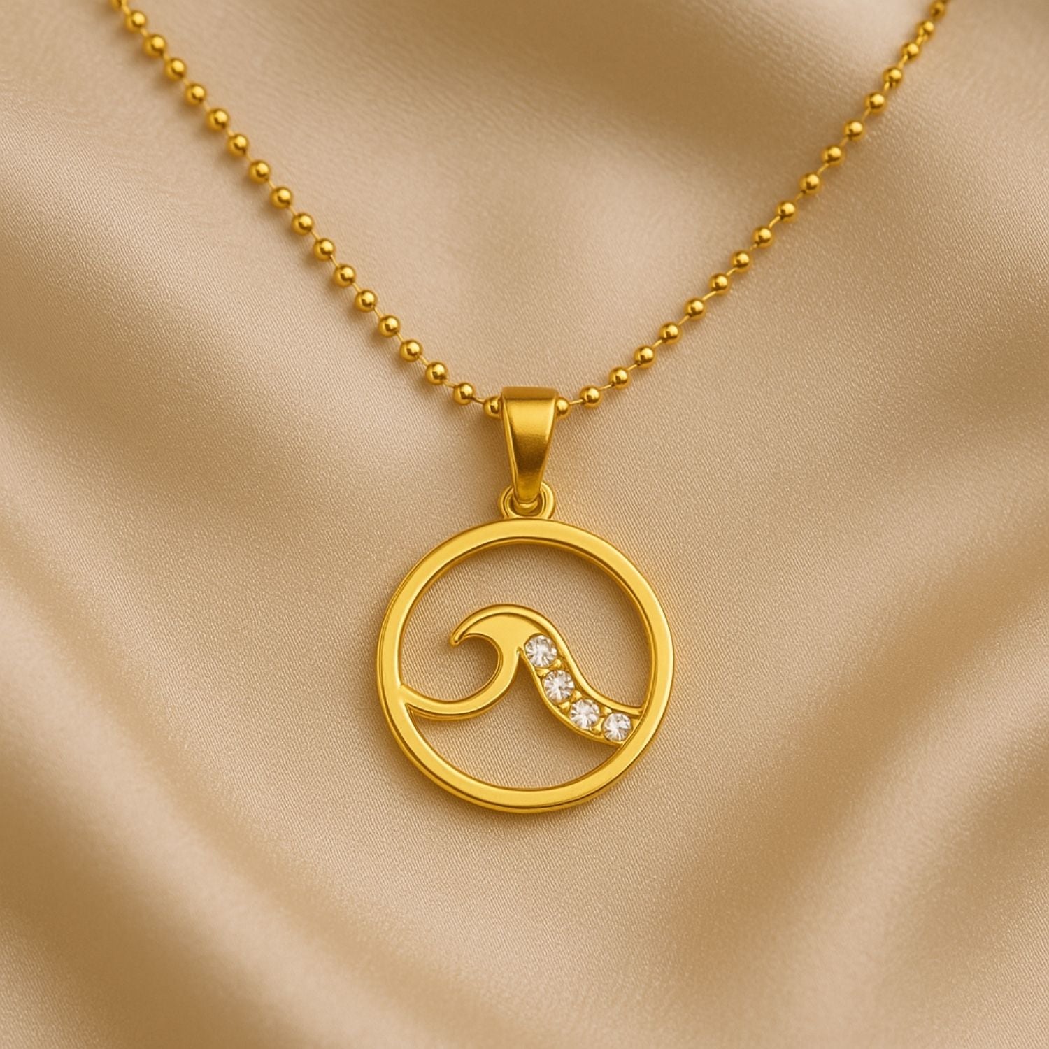 Ocean Wave Pendant – Gold-Tone Necklace with Crystal Accents