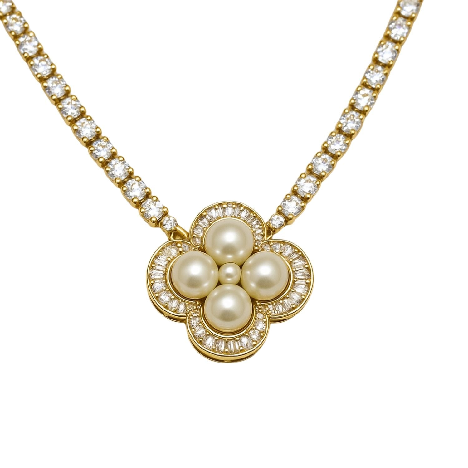 Premium Pearl Blossom Pendant – Gold Plated Necklace with Crystal Chain