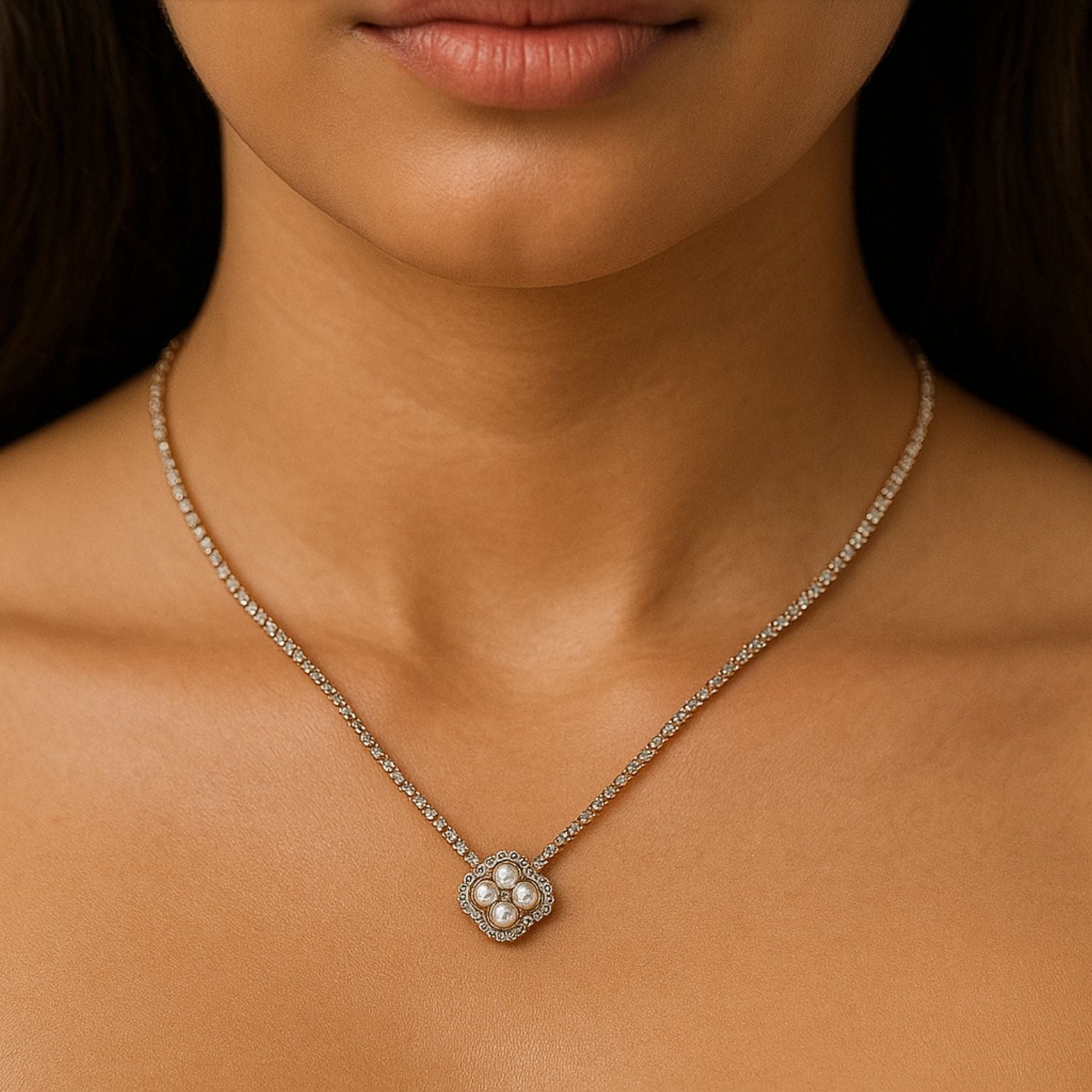 Premium Pearl Blossom Pendant – Gold Plated Necklace with Crystal Chain