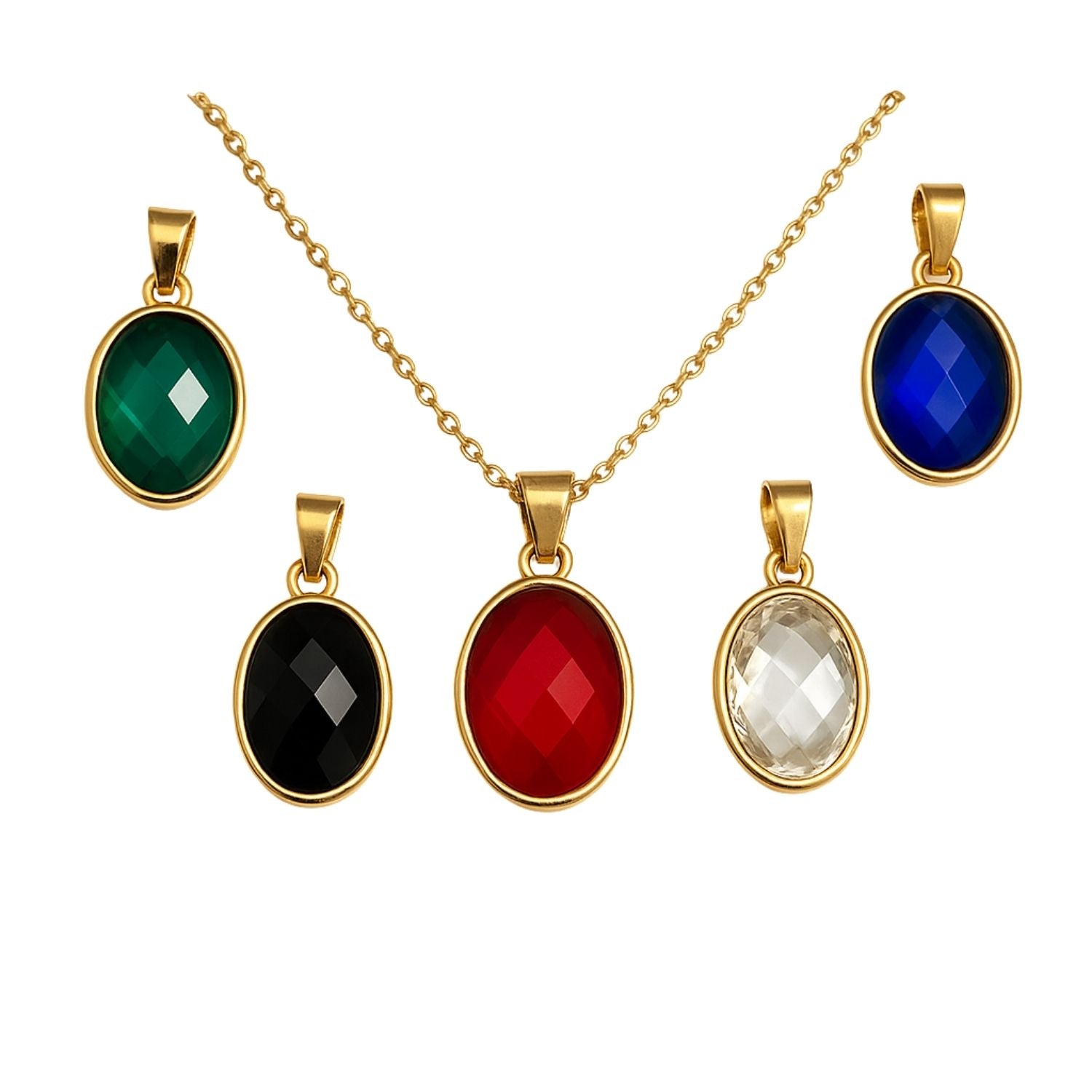 Premium Elegant Oval Gemstone Pendant Necklace Set – 5 Interchangeable Charms
