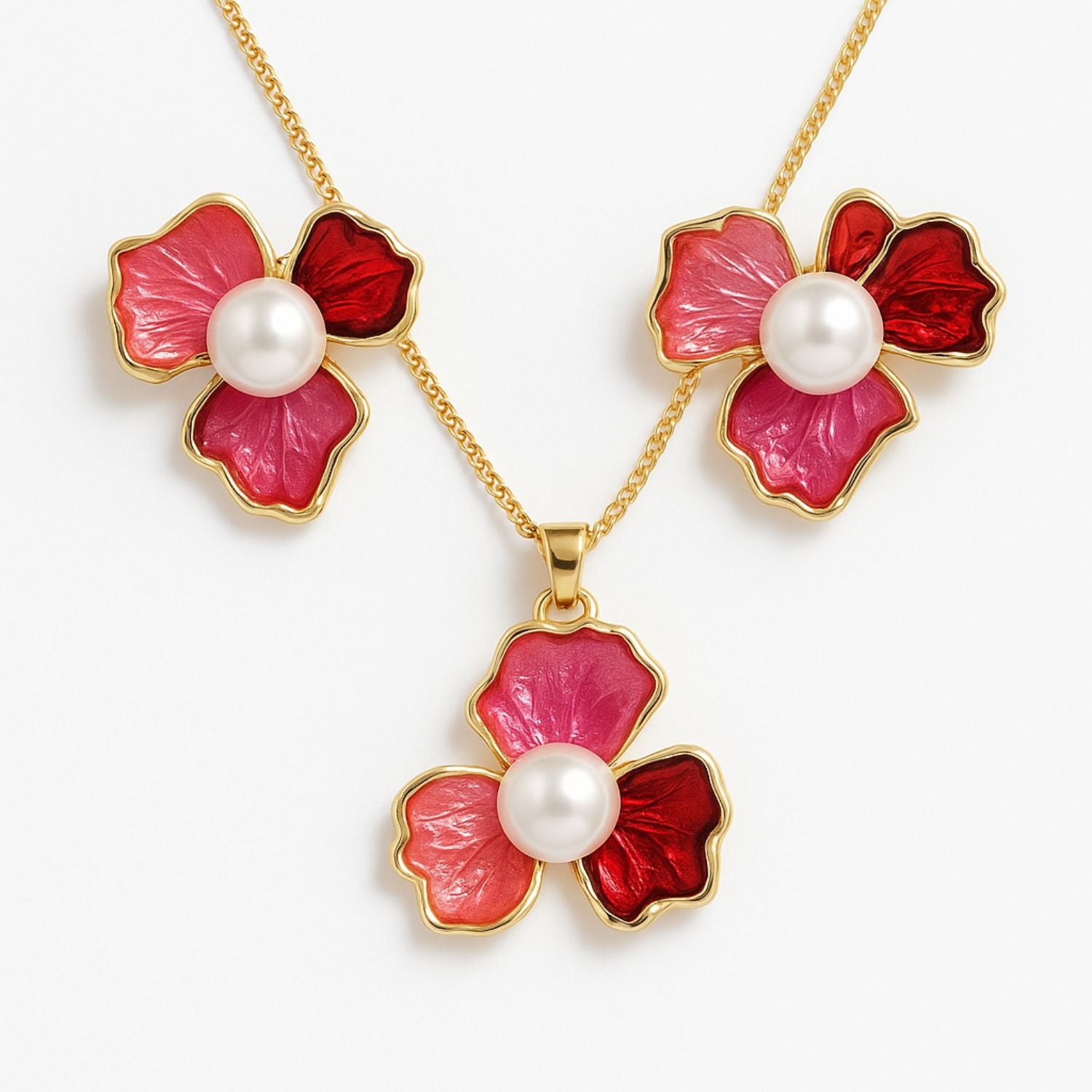 Floral Pearl Necklace & Earrings Set (Gold-Tone, Red/Pink)