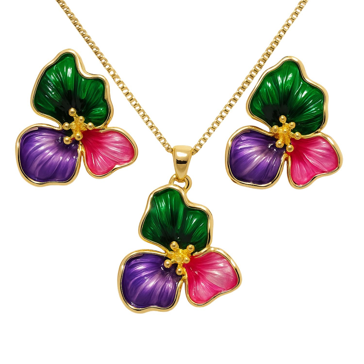 Multicolor Enamel Floral Necklace & Earrings Set (Gold-Tone)