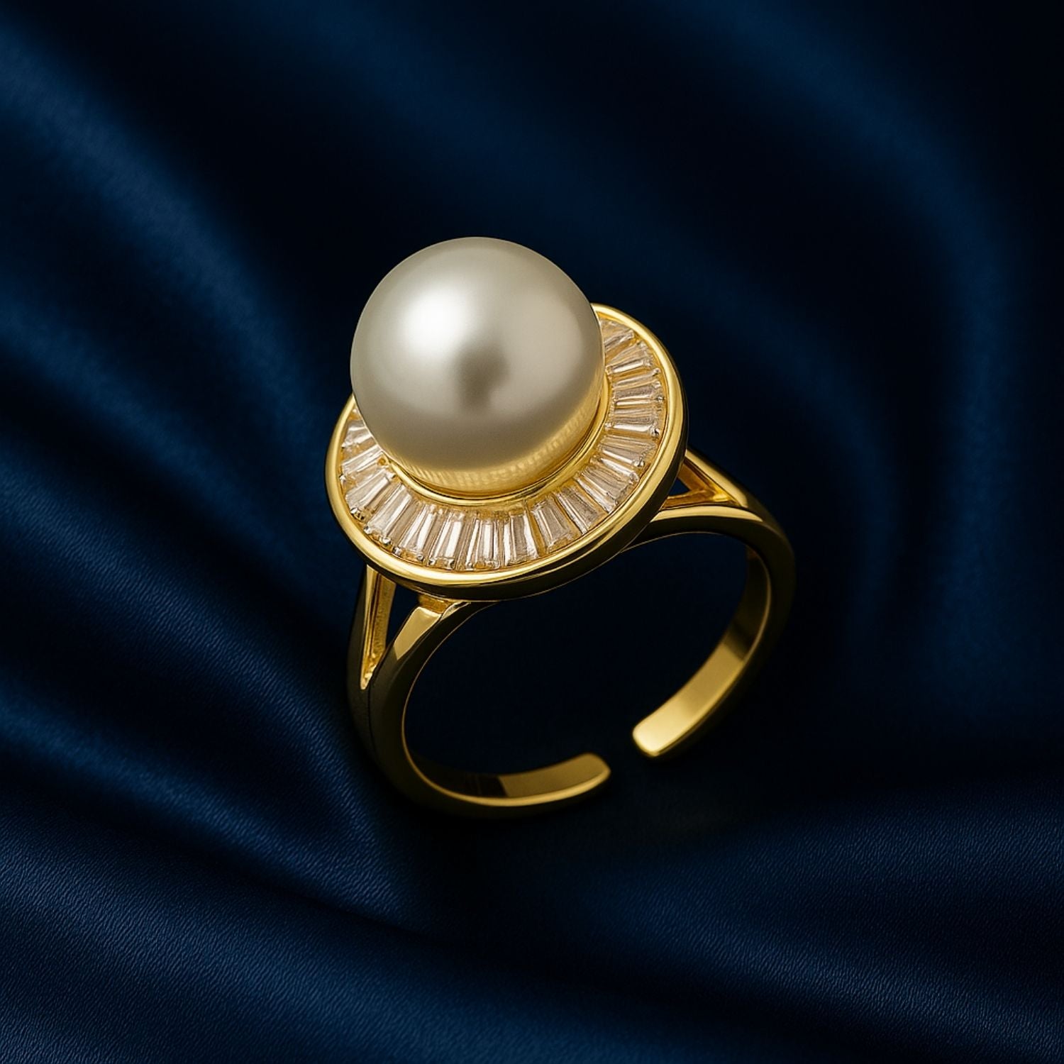 Gold Pearl Statement Ring – Adjustable Elegant Cocktail Ring for Women & Girls