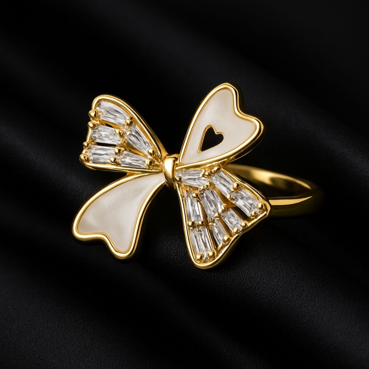 Crystal Bow Ring – Gold-Plated Adjustable Statement Ring for Women & Girls