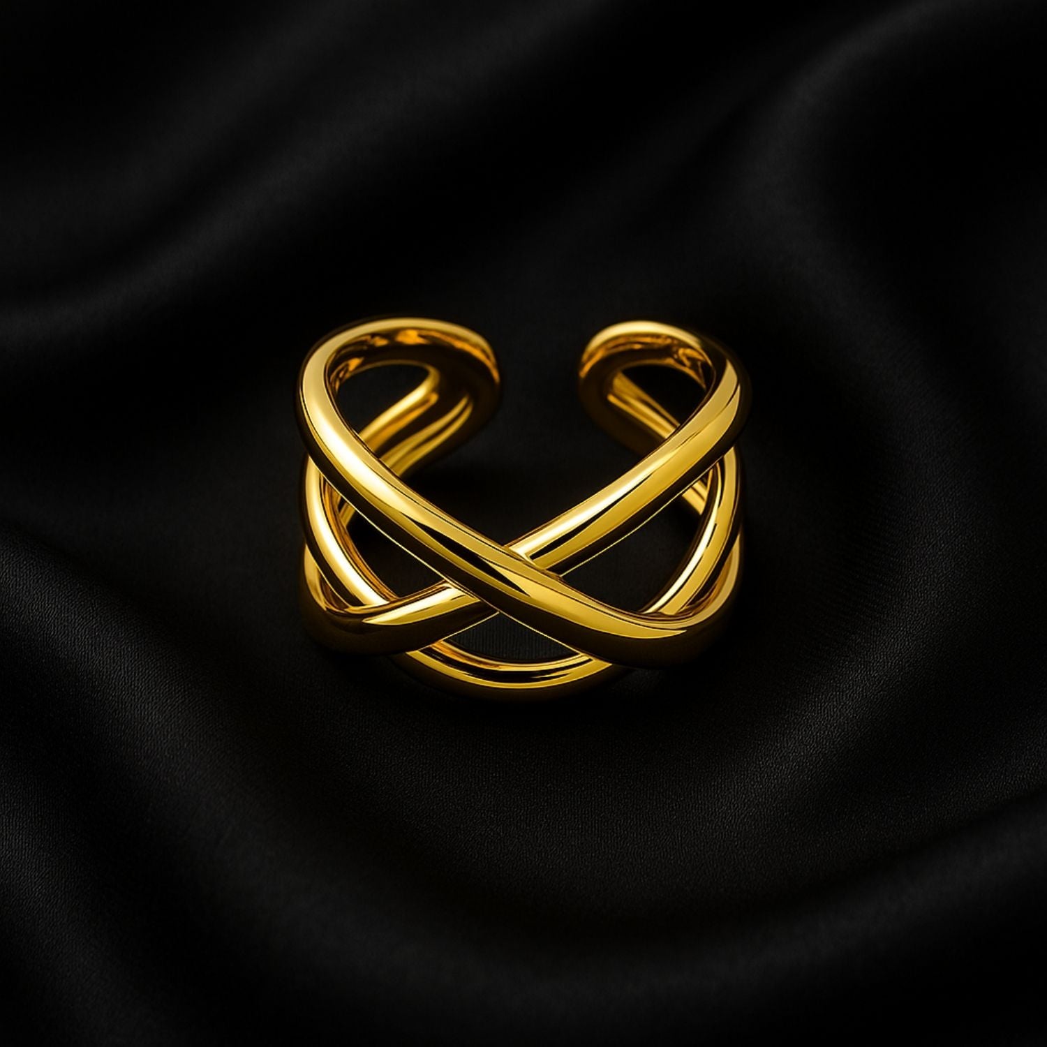 Gold Crossover Statement Ring – Bold Adjustable Band Fashion Ring for Women & Girls